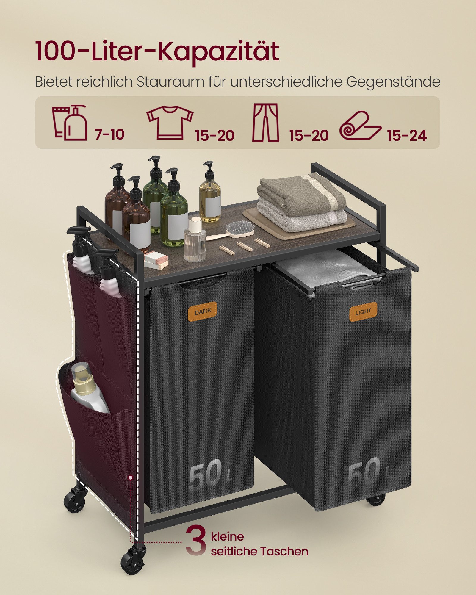 VASAGLE Wäschekorb Wäschesortierer, Rollen, Wäschewagen mit Ablage, Wäschesack, kleine seitliche Taschen, 2 Fächer, Wäschesammler 100 L, 6 Etiketten