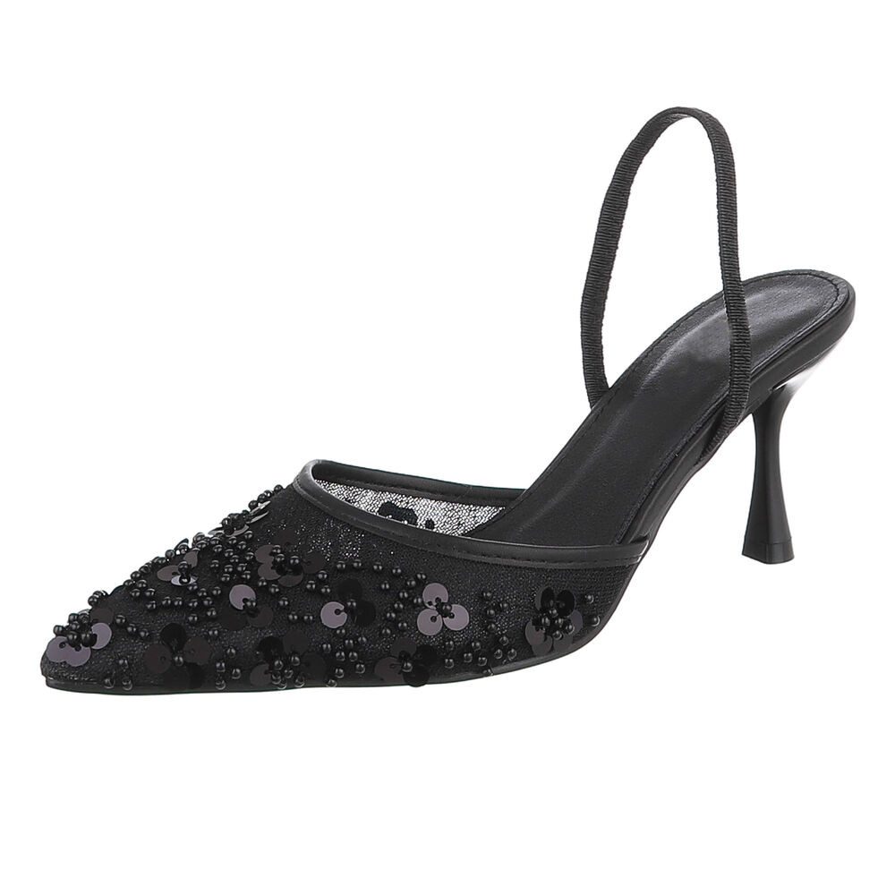 Ital-Design Damen Slingback-Pumps mit Blumenapplikation und Absatz Schnürpumps (92214455) Pfennig-/Stilettoabsatz Pumps in Schwarz