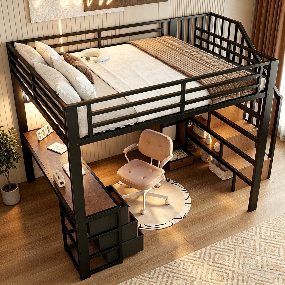 REDOM Hochbett Jugendbett mit Eisenrahmen, Ablagefach, 4 Schubladen (LED-Lichtleiste, Schreibtisch und Stauraumtreppe, Funktionsbett Metallbett, 140 x 200 cm) ohne Matratze