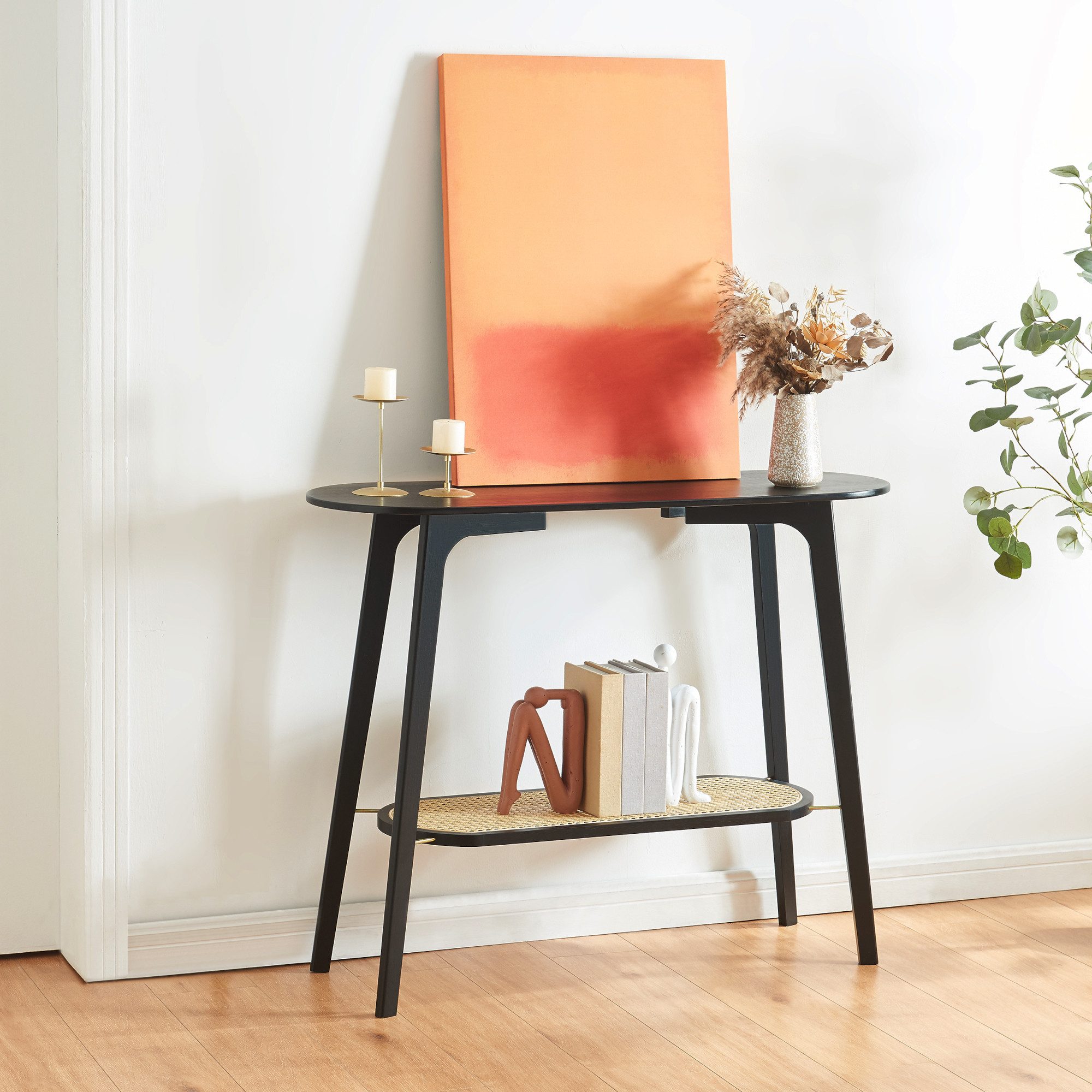 en.casa Konsolentisch, »Taivalkoski« Bambus 100x35x80 cm Schwarz / Rattanoptik