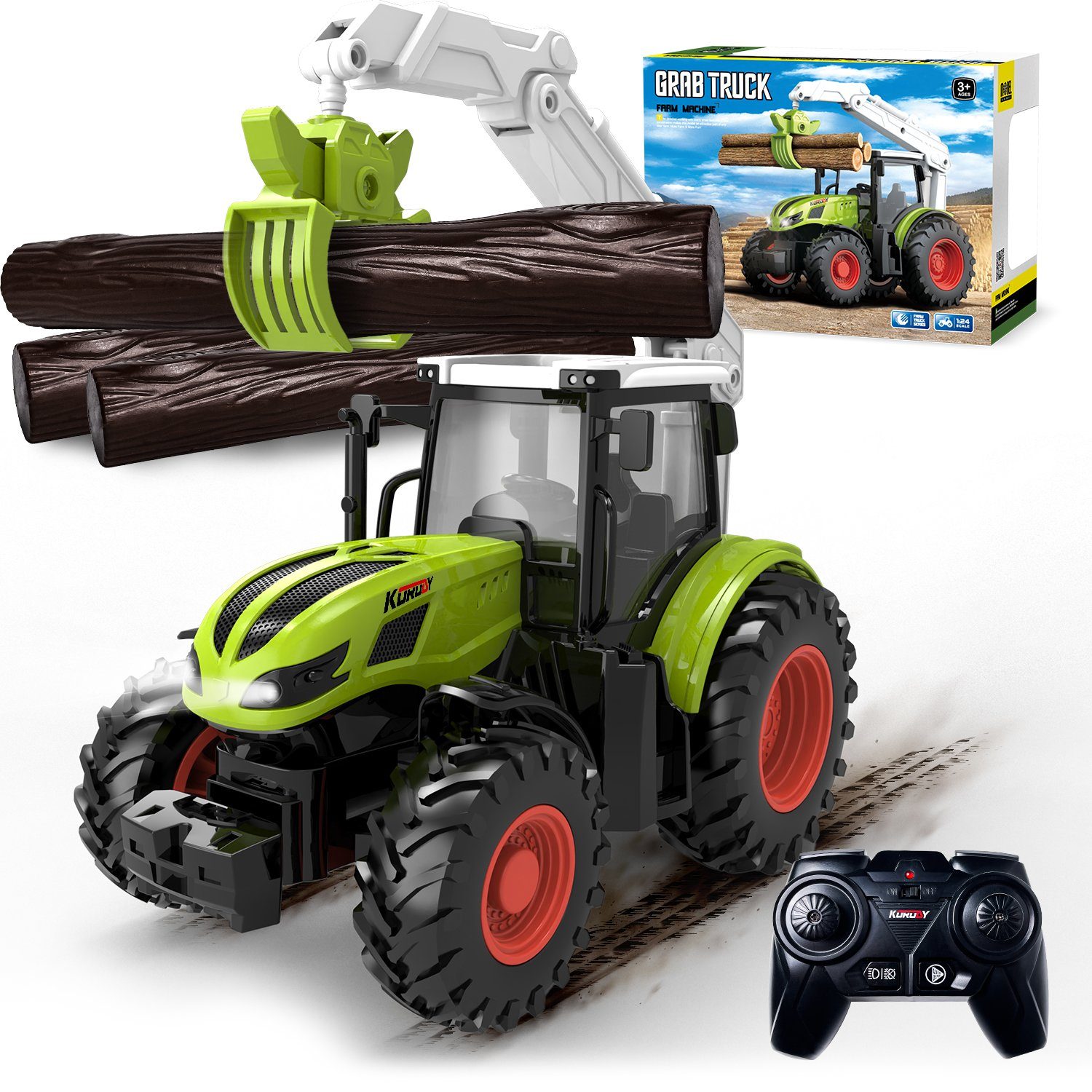 Esun RC-Traktor Traktor Spielzeug ab 2 3 4 Jahre,Ferngesteuerter Traktor Ferngesteuert (mit Holzgreifer und 3 Baumstämme), Bauernhof Spielzeug ab 2 3 Jahre, Rc Traktor