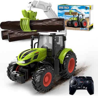 Esun RC-Traktor Traktor Spielzeug ab 2 3 4 Jahre,Ferngesteuerter Traktor Ferngesteuert (mit Holzgreifer und 3 Baumstämme), Bauernhof Spielzeug ab 2 3 Jahre, Rc Traktor