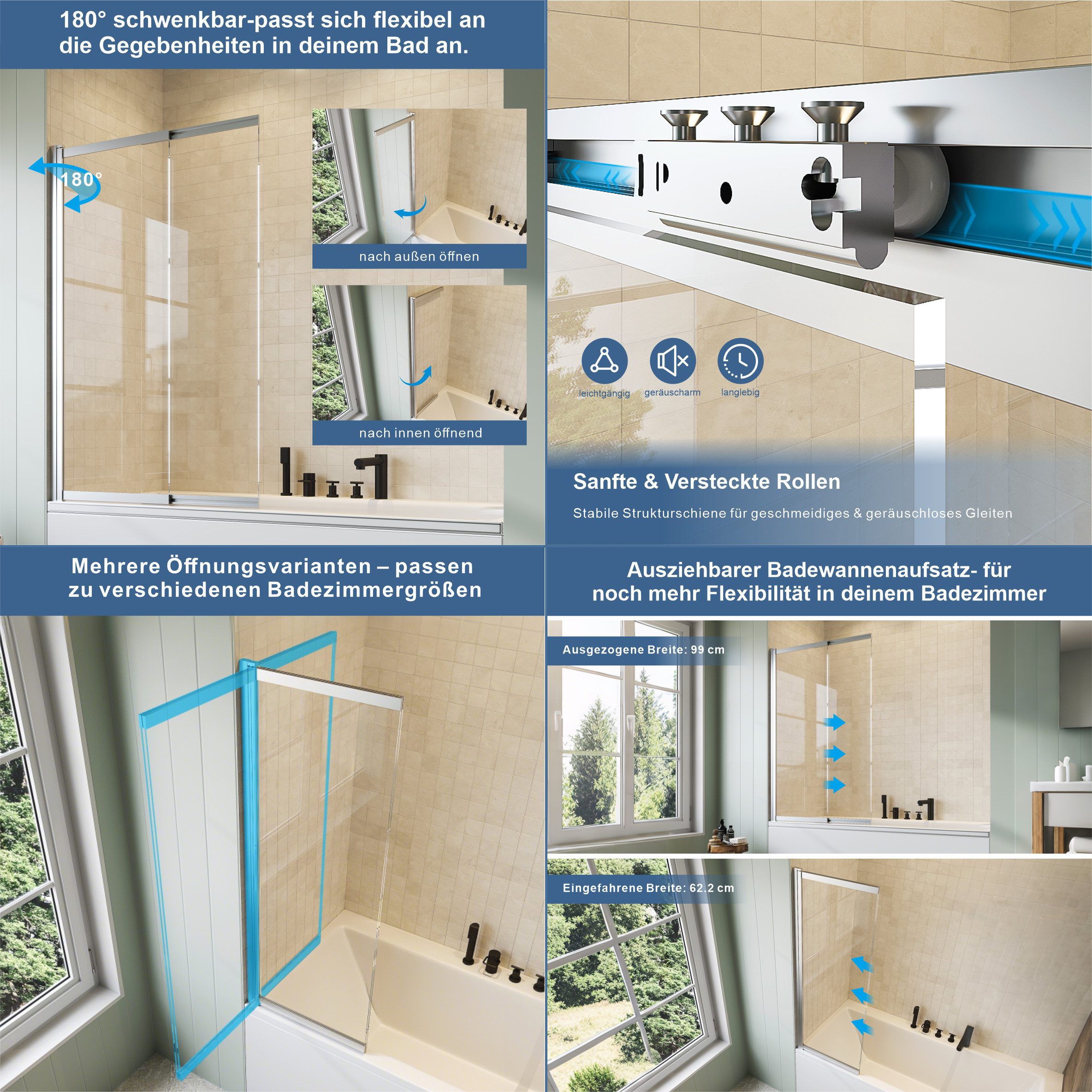 welltime Badewannenaufsatz Slider, Einscheibensicherheitsglas, (2 tlg), Duschwand zum Zusammenschieben UND an die Wand klappen!