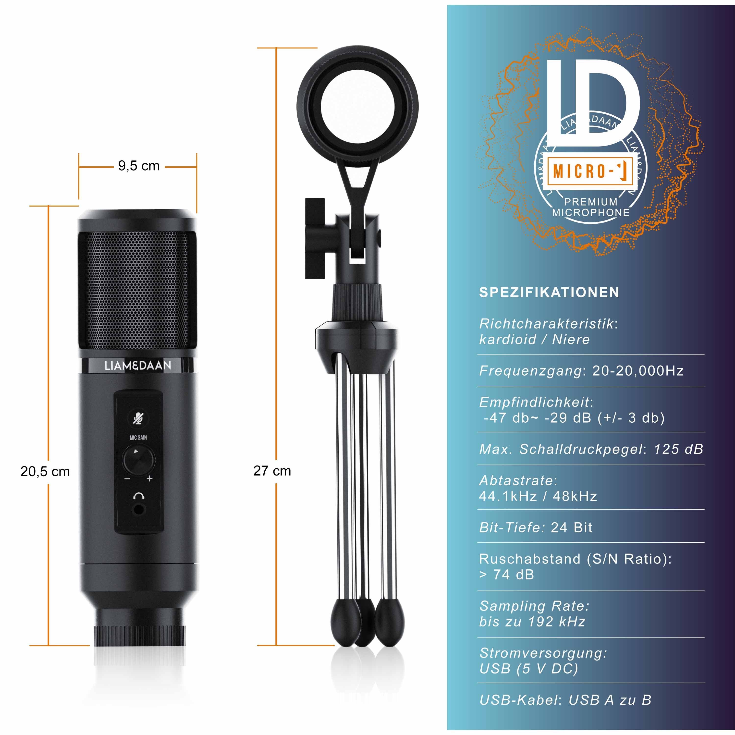 LIAM&DAAN Streaming-Mikrofon Kondensatormikrofon, USB wireless, Monitorfunktion & Dreibeinstativ, 192 kHz - 20 Hz bis 20 kHz, inkl. Mikrofonständer