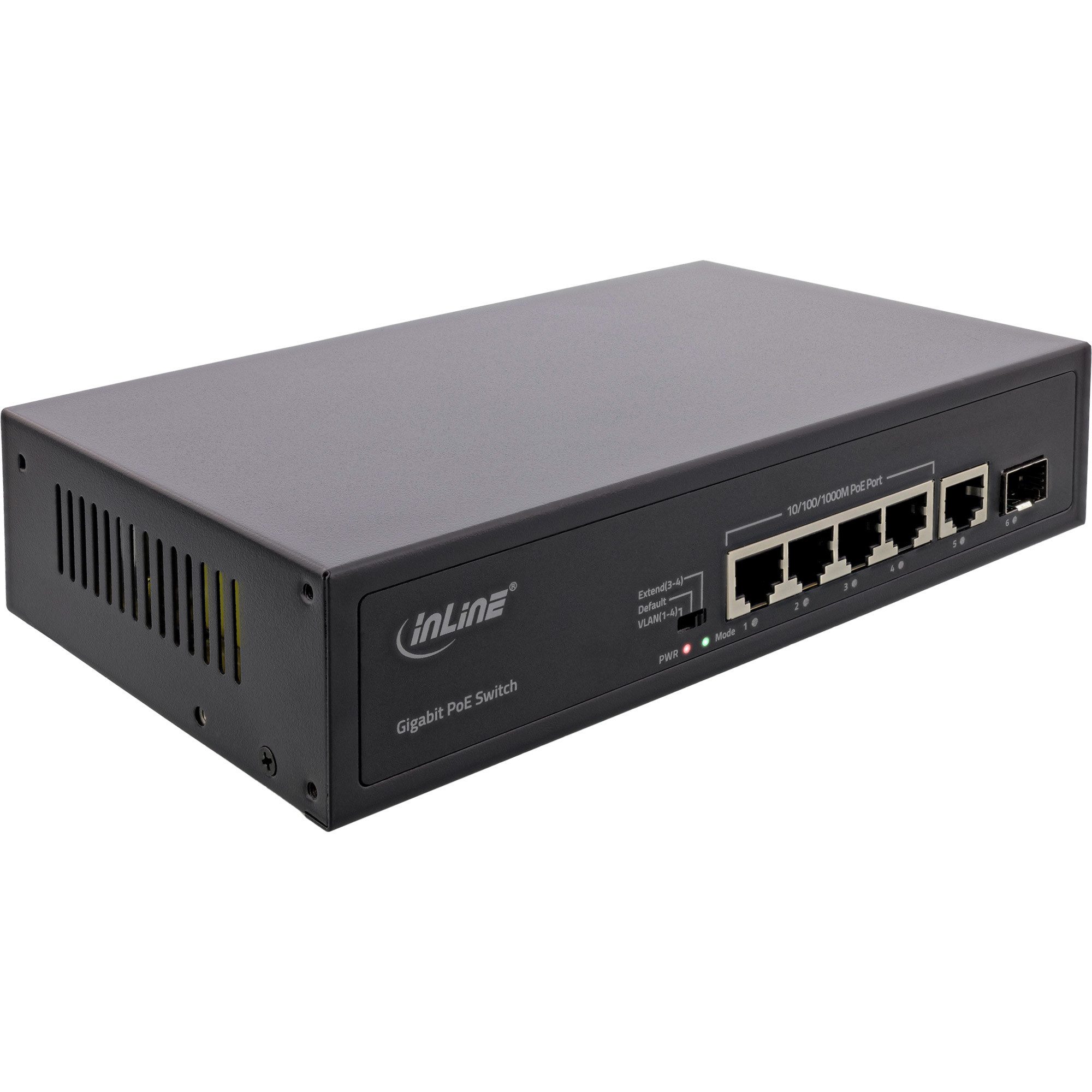 Inline PoE+ Gigabit Netzwerk Switch 5 Port 4x 1xSFP 1Gb/s Desktop Metall -... Netzwerk-Switch