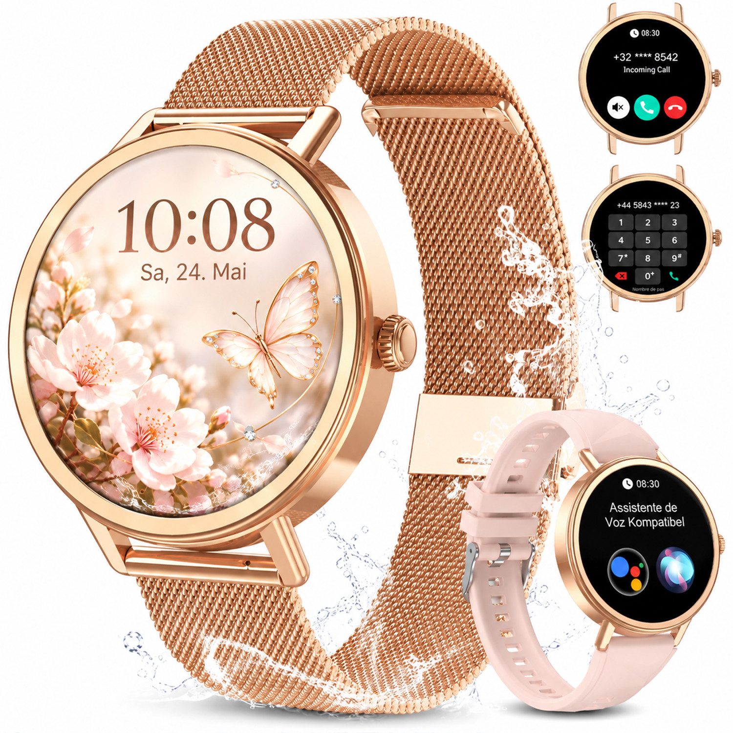 blackview Smartwatch X30 1,26″ für Damen mit Telefonfunktion undFitness-Tracking Smartwatch (4 cm/1.26 Zoll, iOS/Android) Set, mit Wechselband aus weichemSilikon und Ladekabel, 5 Tage Akkulaufzeit/2 Armbänder/HF&SpO₂& Blutdruck/100+ Sportmodi,IP68