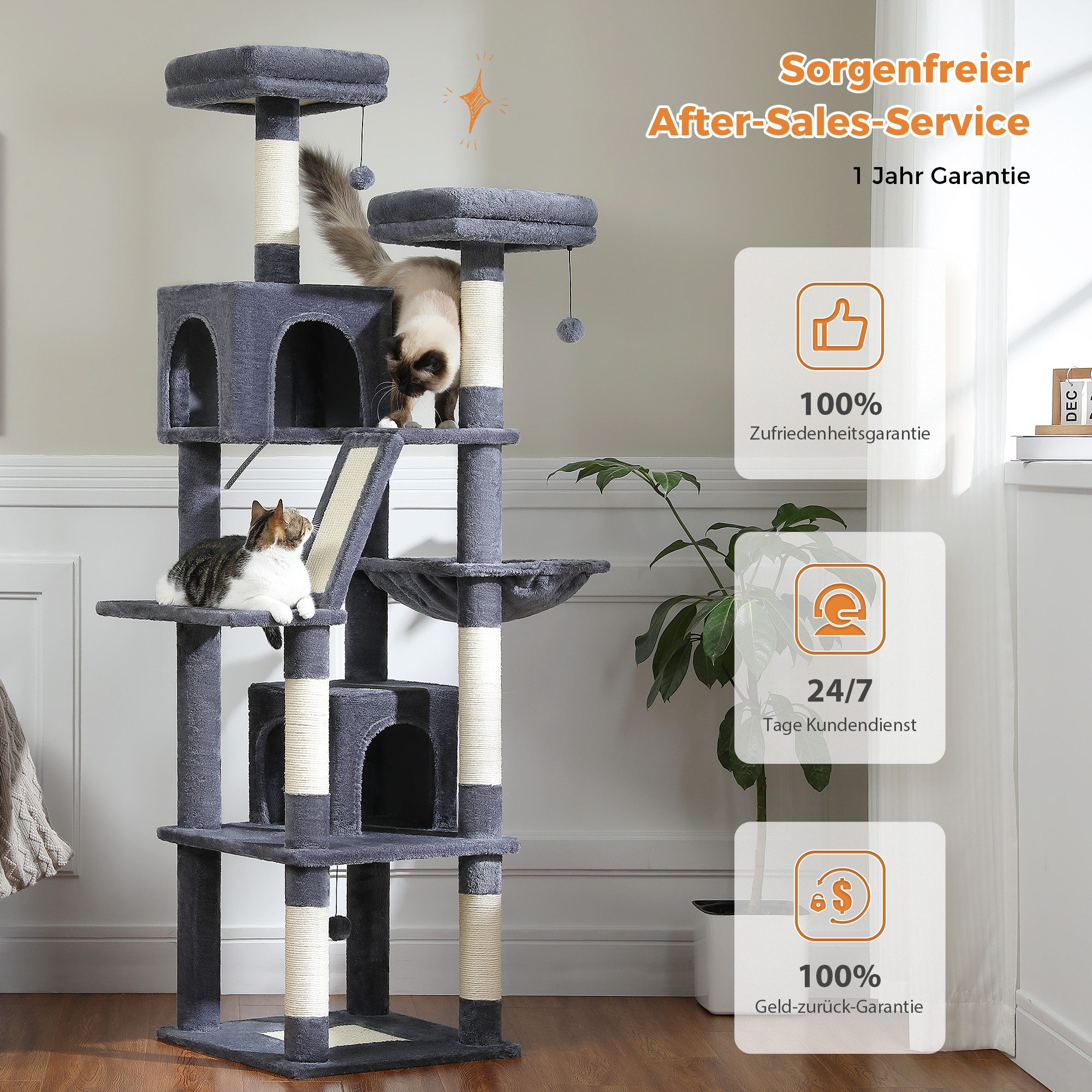 PAWZ Road Kratzbaum Kratzbaum, Großer Spielturm,6 Kratzstämme,2 Kratzbrettern, 180cm, grau, dunkelgrau, beige,rosa