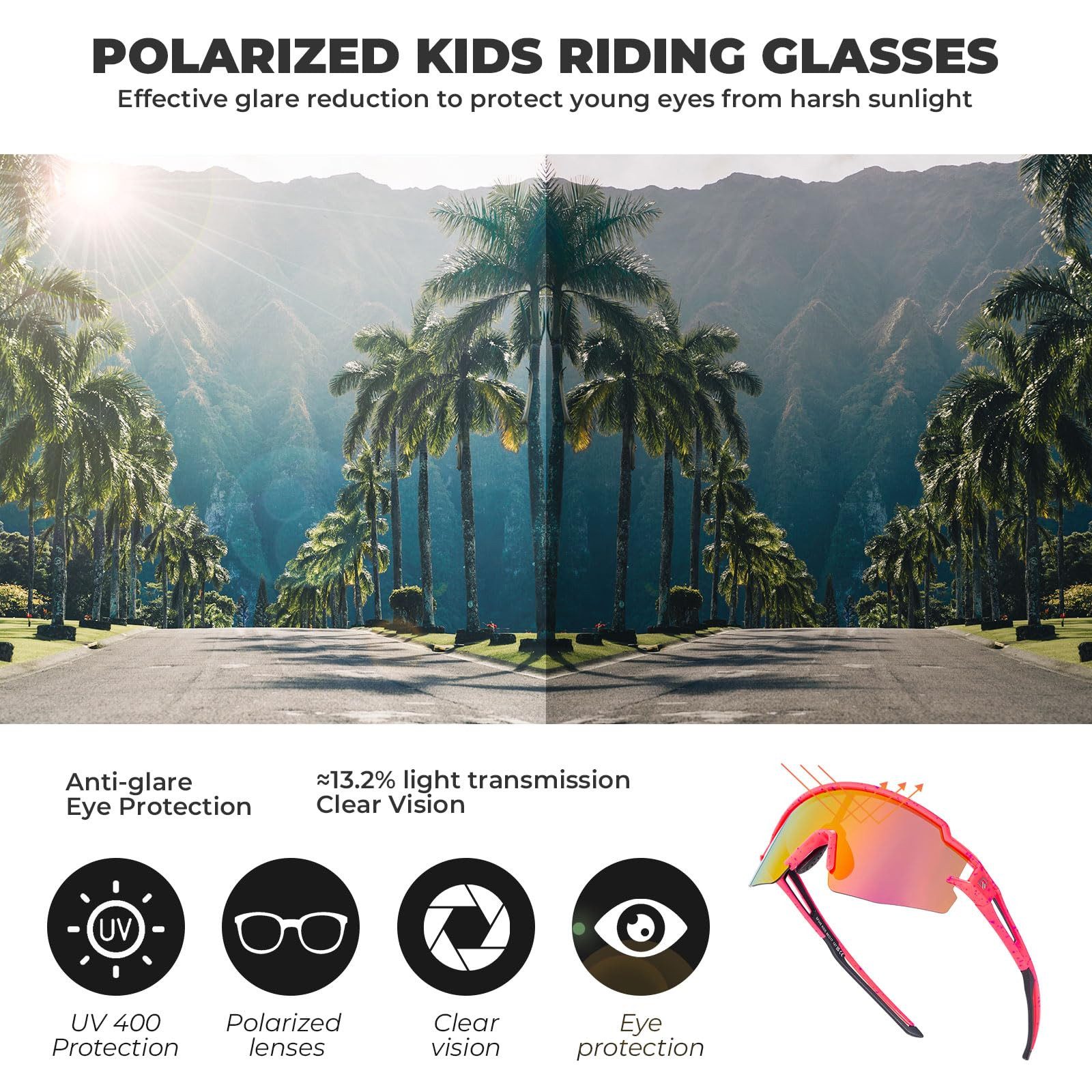 ROCKBROS Fahrradbrille Sportbrille Kinder Outdoor Radfahren Wandern TR90 Rahmen, polarisierte Gläser, UV400 Schutz, winddicht, rutschfest, verstellbar