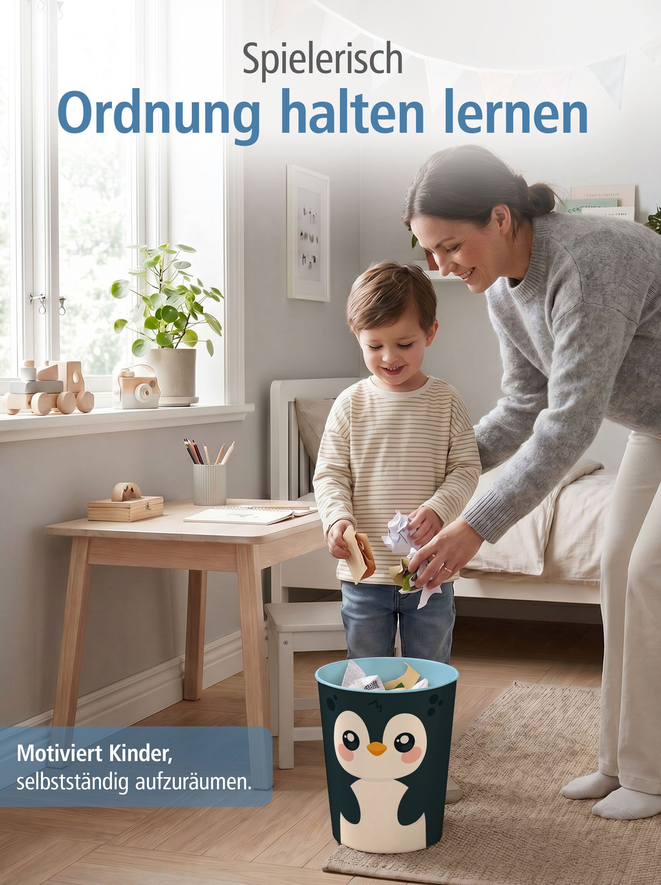 itenga Papierkorb itenga Papierkorb Tiermotiv - PINGUIN - Kawaii Design - ca 11 Liter – Bild 5 von 5