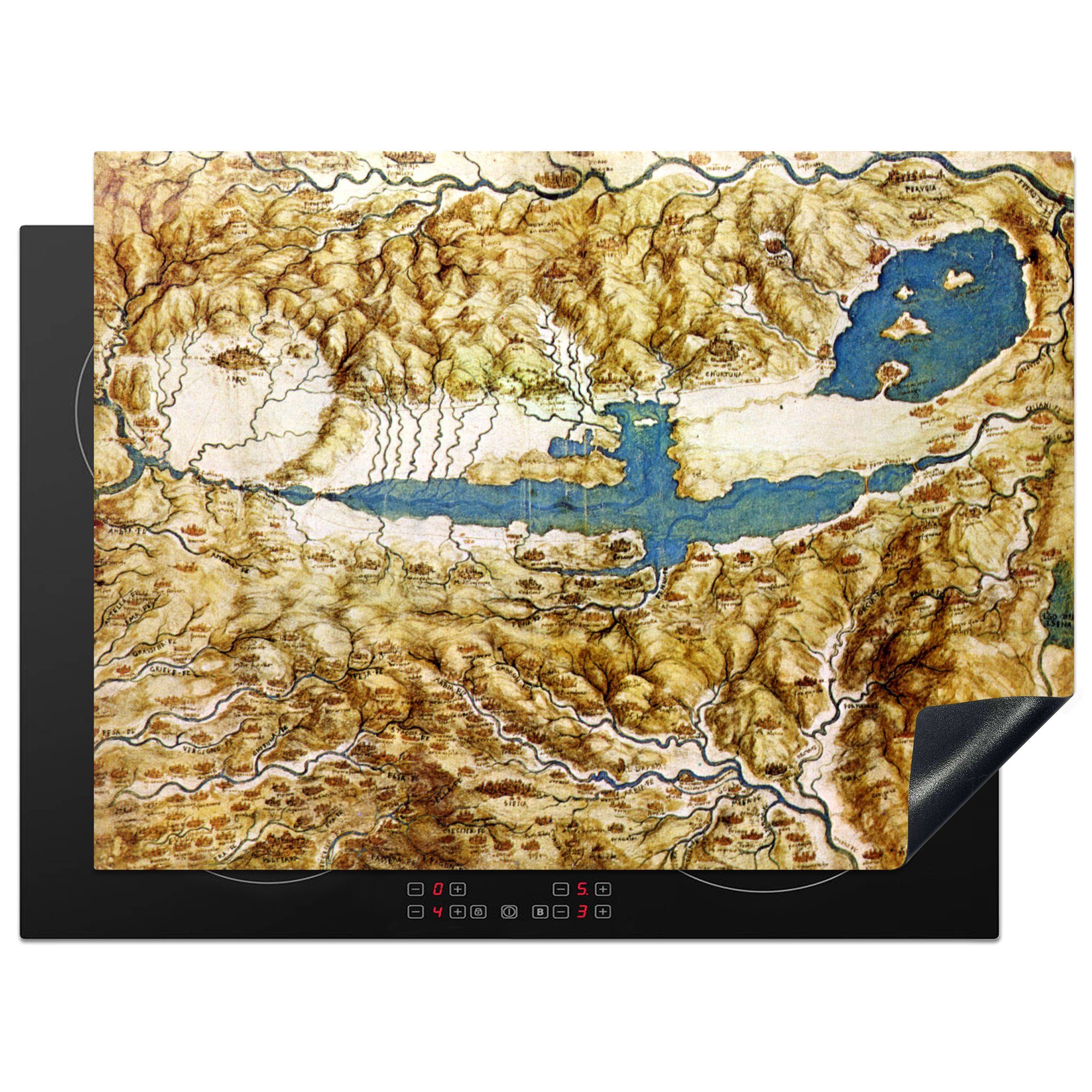 MuchoWow Herdblende-/Abdeckplatte Toskana - Leonardo da Vinci, Vinyl, (1 tlg), 70x52 cm, Mobile Arbeitsfläche nutzbar, Ceranfeldabdeckung