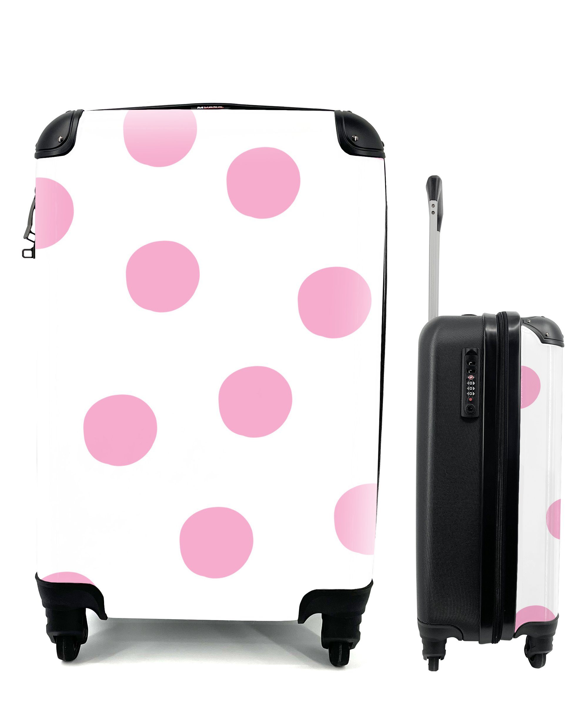 MuchoWow Handgepäckkoffer Illustration eines Musters mit rosa Punkten auf weißem Hintergrund, 4 Rollen, Reisetasche mit rollen, Handgepäck für Ferien, Trolley, Reisekoffer