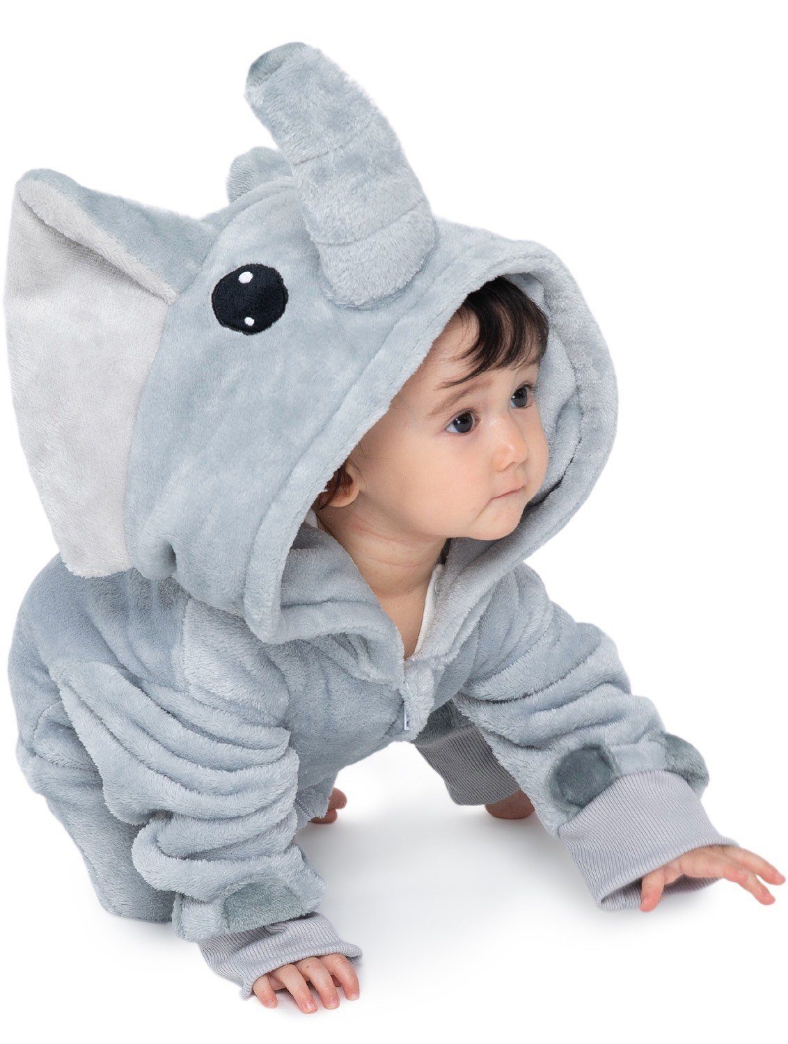 Corimori Strampler Onesie Elefant Nuru Baby Strampler Größen 60-90cm  (1-tlg) Nuru der Elefant (grau) - Strampler, Karneval, Fasching, Halloween