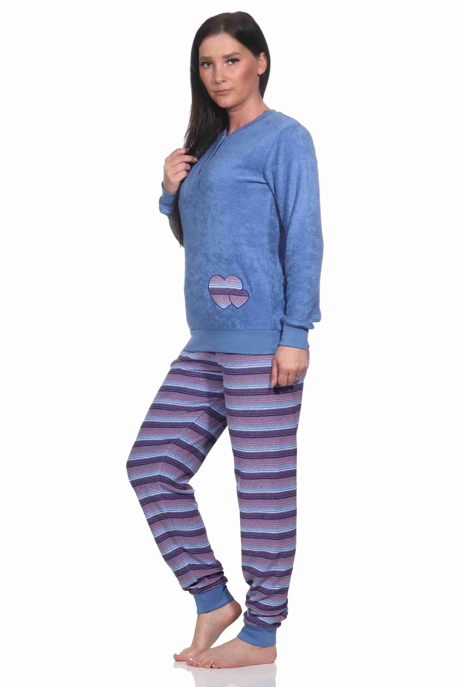 Frottee Herz-Motiv Schlafanzug Bündchen Normann mit Damen Pyjama blau und Wunderschöner