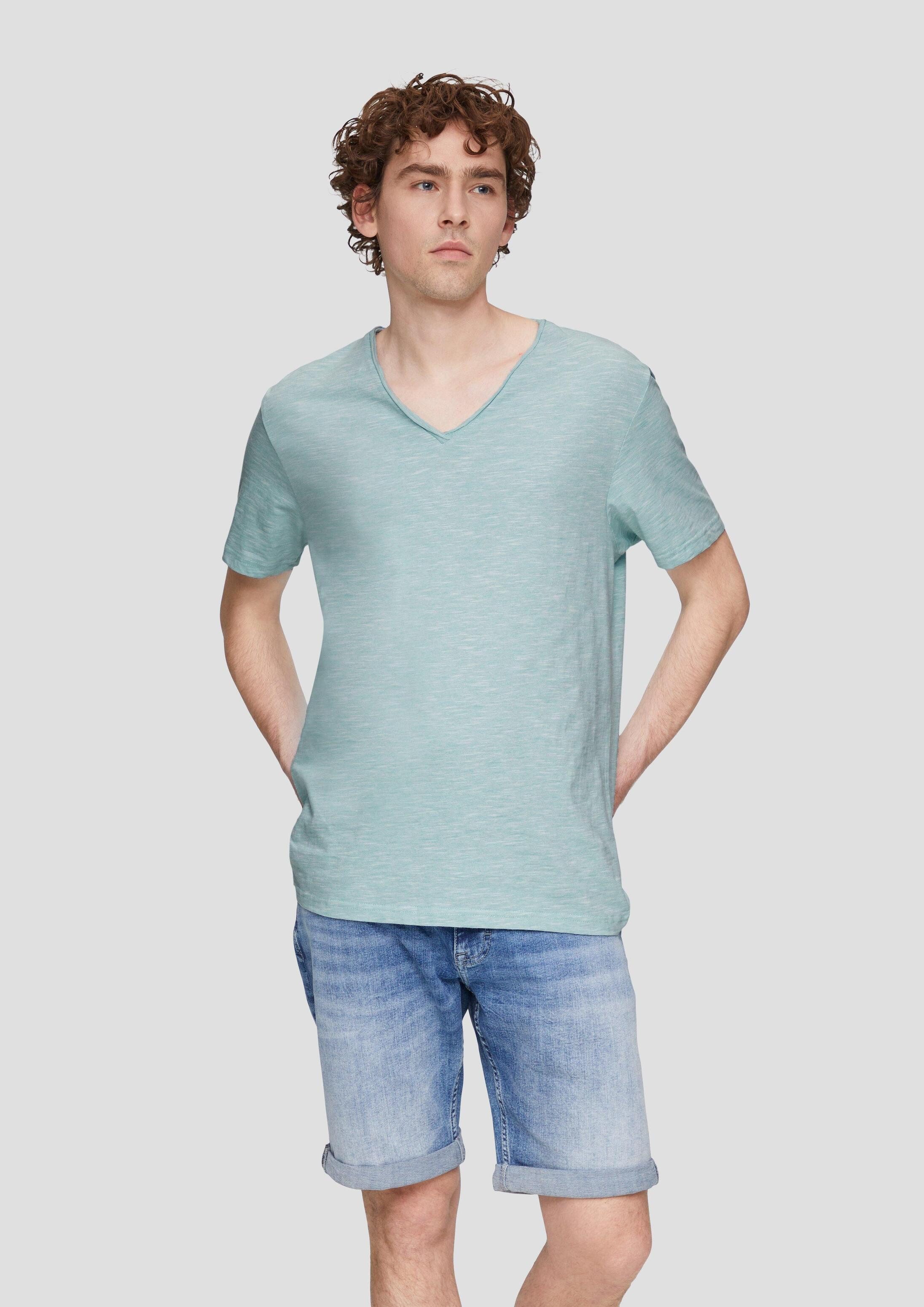 QS Kurzarmshirt T-Shirt Meliertes Baumwollshirt mit V-Ausschnitt