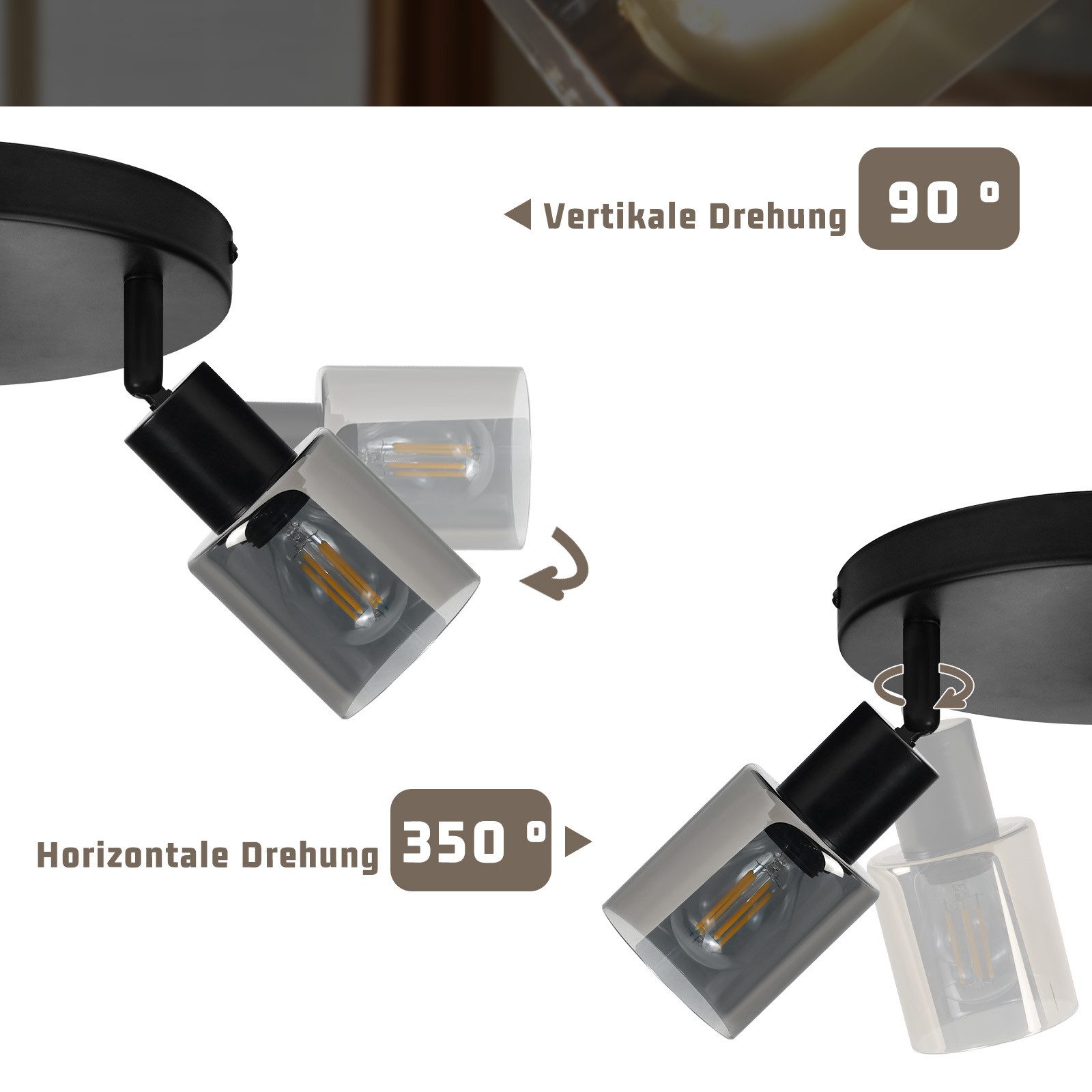 Nettlife Deckenstrahler Schwarz Vintage Glas E14 3 flammig Metall Deckenleuchte Schwenkbar, LED wechselbar, Spotleuchte für Wohnzimmer Flur Küche – Bild 4 von 5