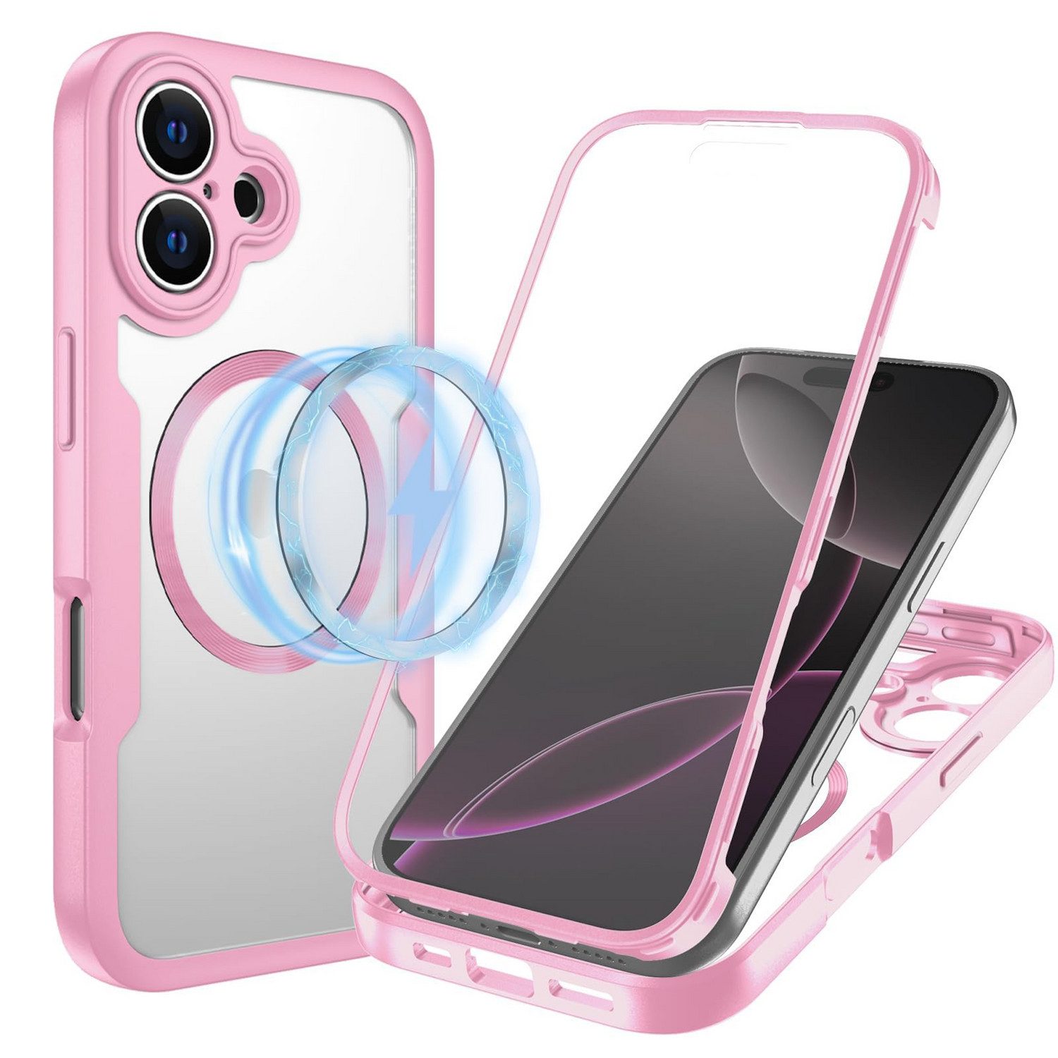 Wigento Handyhülle Für Apple iPhone 17 MagSafe Ring Full Body 360 Grad TPU Hülle Rosa, MagSafe 360 Grad Schutz Schutz Hülle