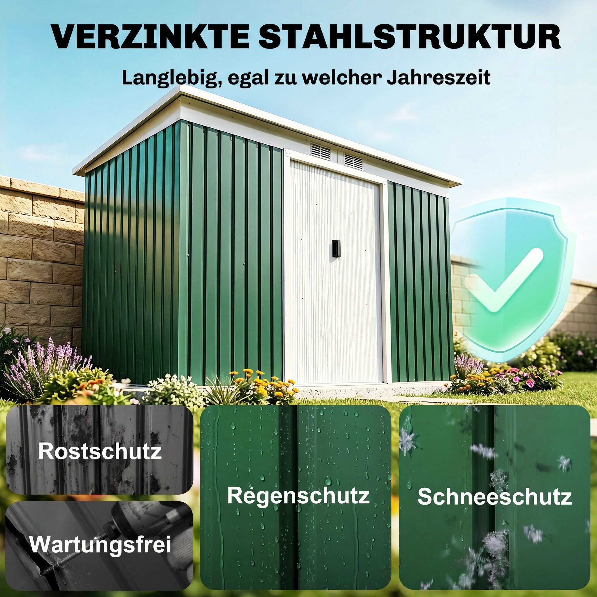 Outsunny Gerätehaus Metall Geräteschuppen mit Pultdach Schiebetür Anthrazit, BxT: 280x130 cm, (Schuppen, 1 St., Geräteschuppen), für Garten, Dunkelgrün – Bild 4 von 5