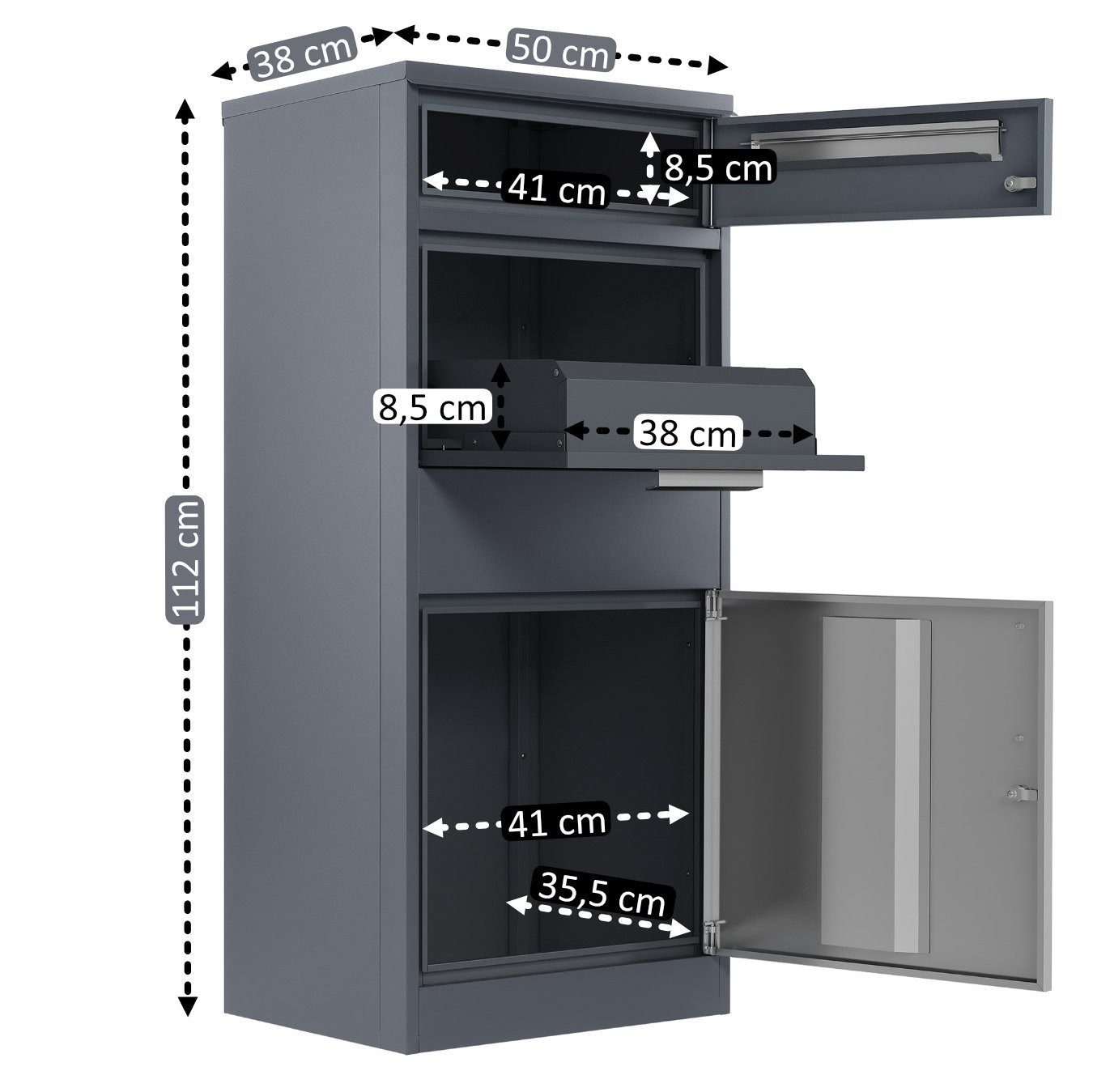 Zelsius Paketbriefkasten RAL7016 Anthrazit mit Edelstahl Elementen, mit Diebstahlsperre