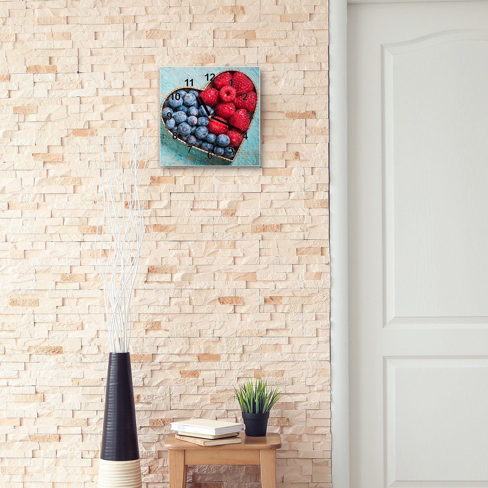 Wanduhr Wandkunst mit Beeren Motiv cm Herz Größe 30 Glasuhr Primedeco Wanduhr 30 aus x