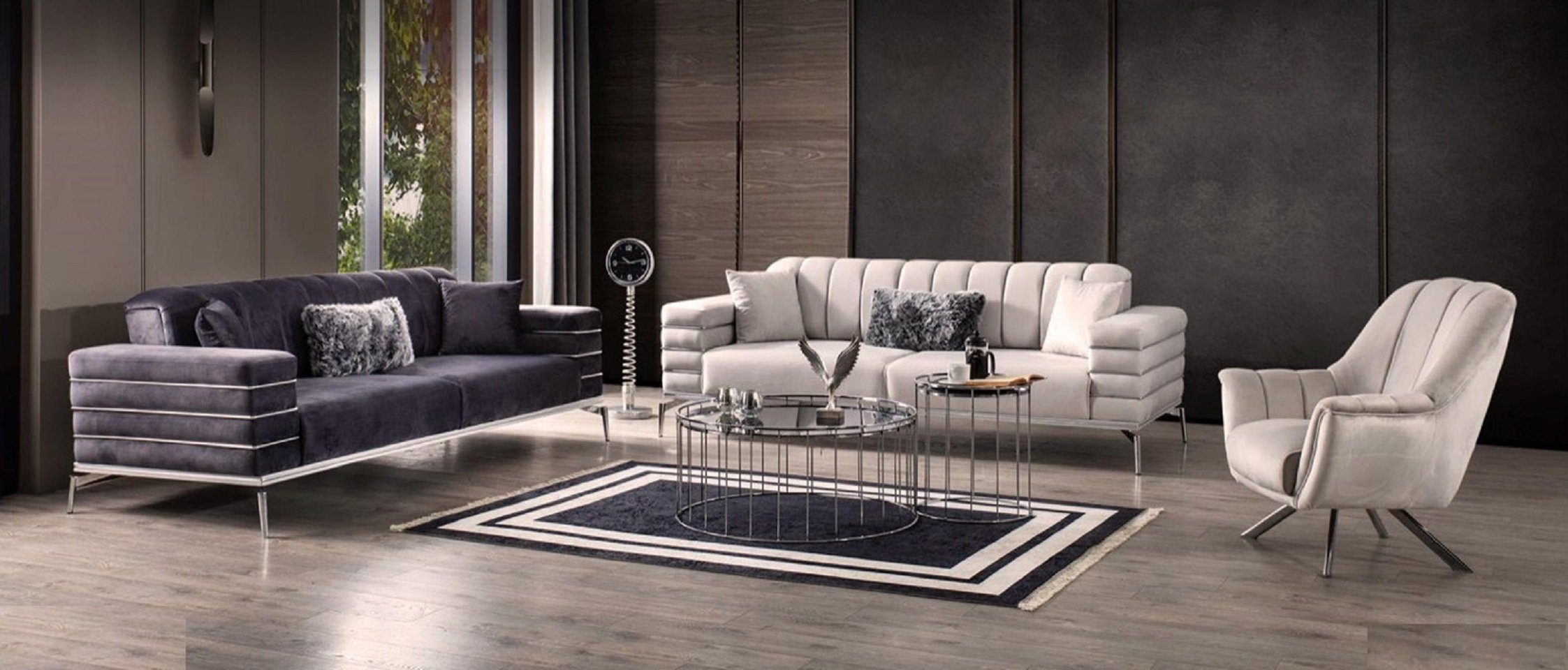 JVmoebel Wohnzimmer-Set Luxus Sofagarnitur 321 Modern Set Design Sofa Polster Couch Grau Neu, (3-St., Nur 3+2 Sitzer + Sessel), Made in Europe