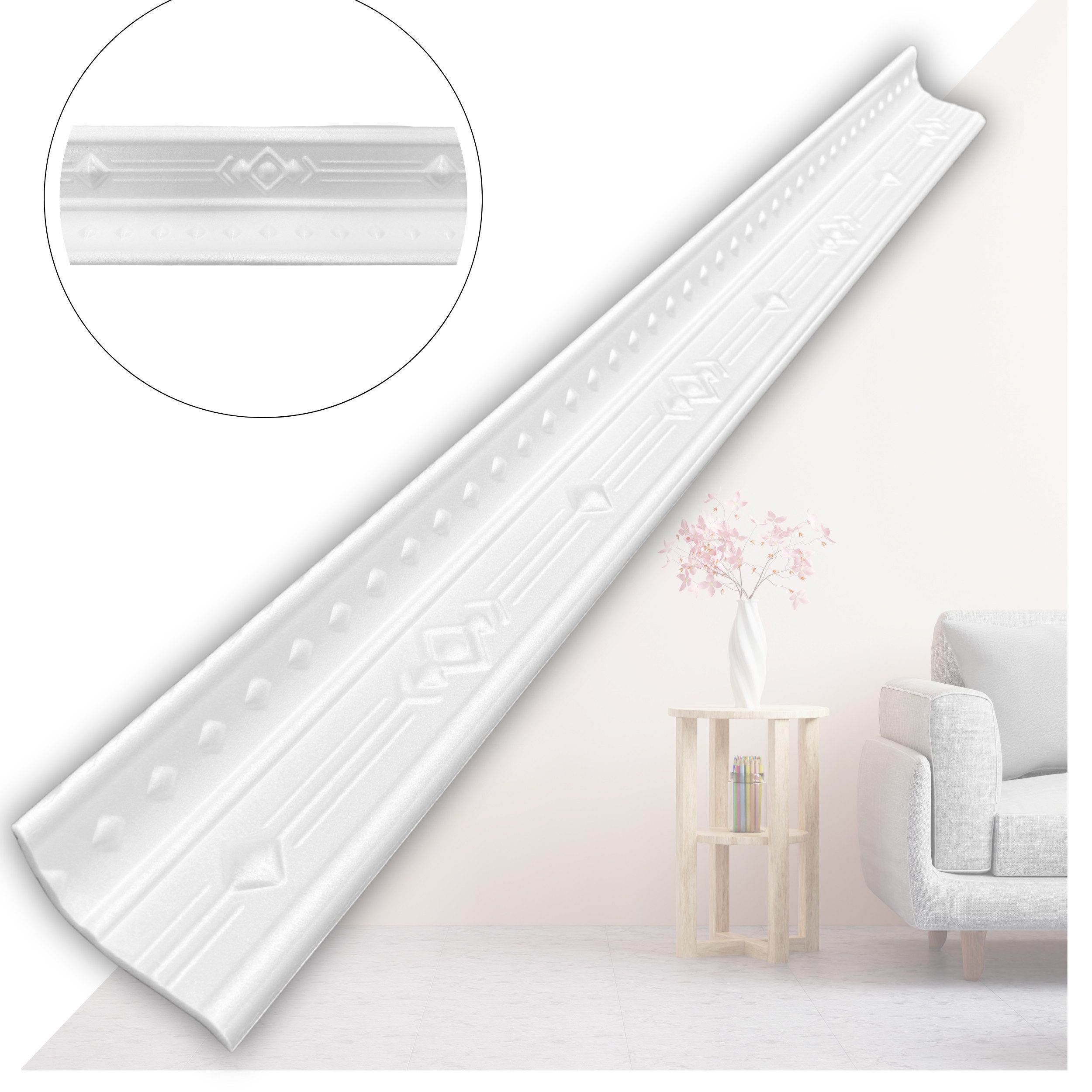 IKHEMalarka Deckenleiste Stuckleisten aus XPS Polystyrol – weiße Zierleisten 1 Meter, Kleben Montagekleber (z. B. Pattex DK Flex 1000), 1 Stück = 1 Meter Длина, 1-St., 1 Zierleiste, 1 Meter Длина, Styropor Позволить себе für Deckenstuck & Wanddeko