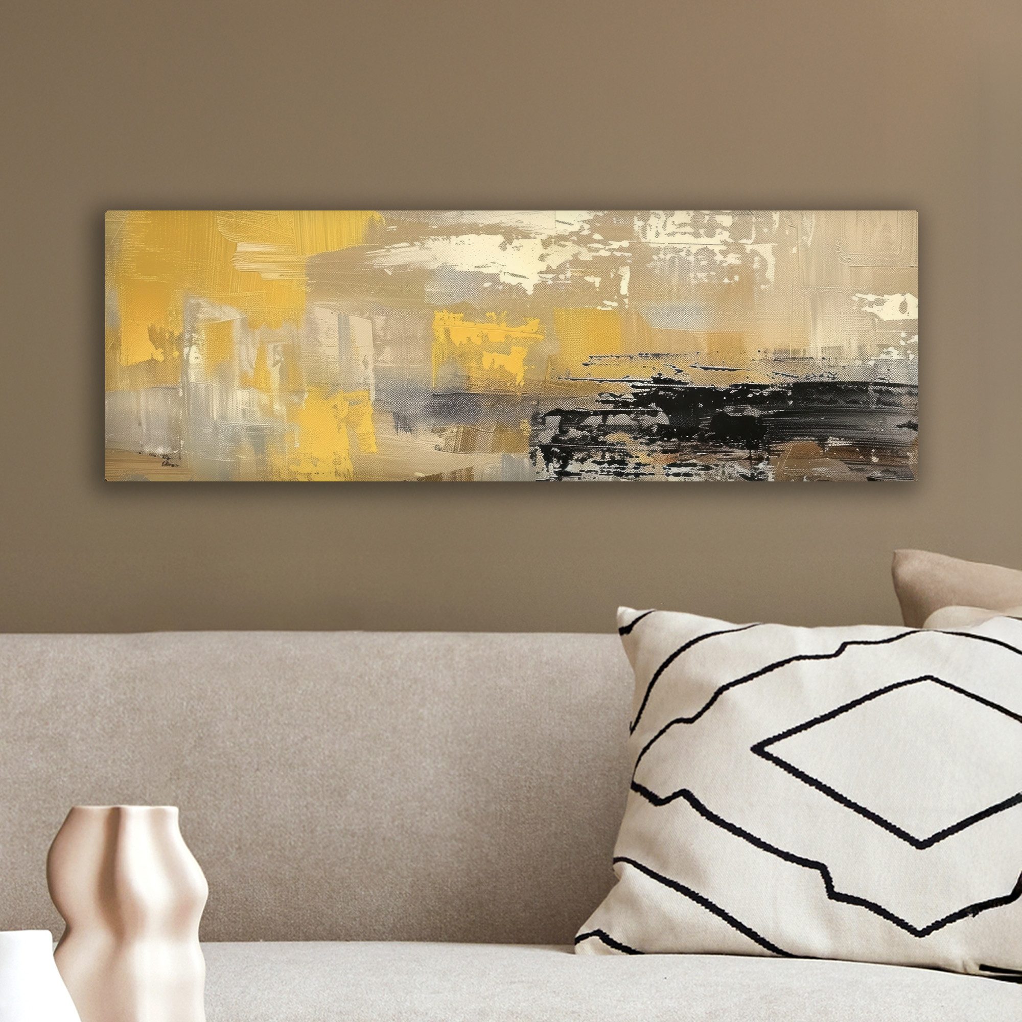 OneMillionCanvasses® Leinwandbild Panorama Abstrakt - Gelb - Modern - Beige, Fotodruck (1 St), Wandbild, Deko Schlafzimmer Wohnzimmer Flur 60x20 cm – Bild 4 von 5