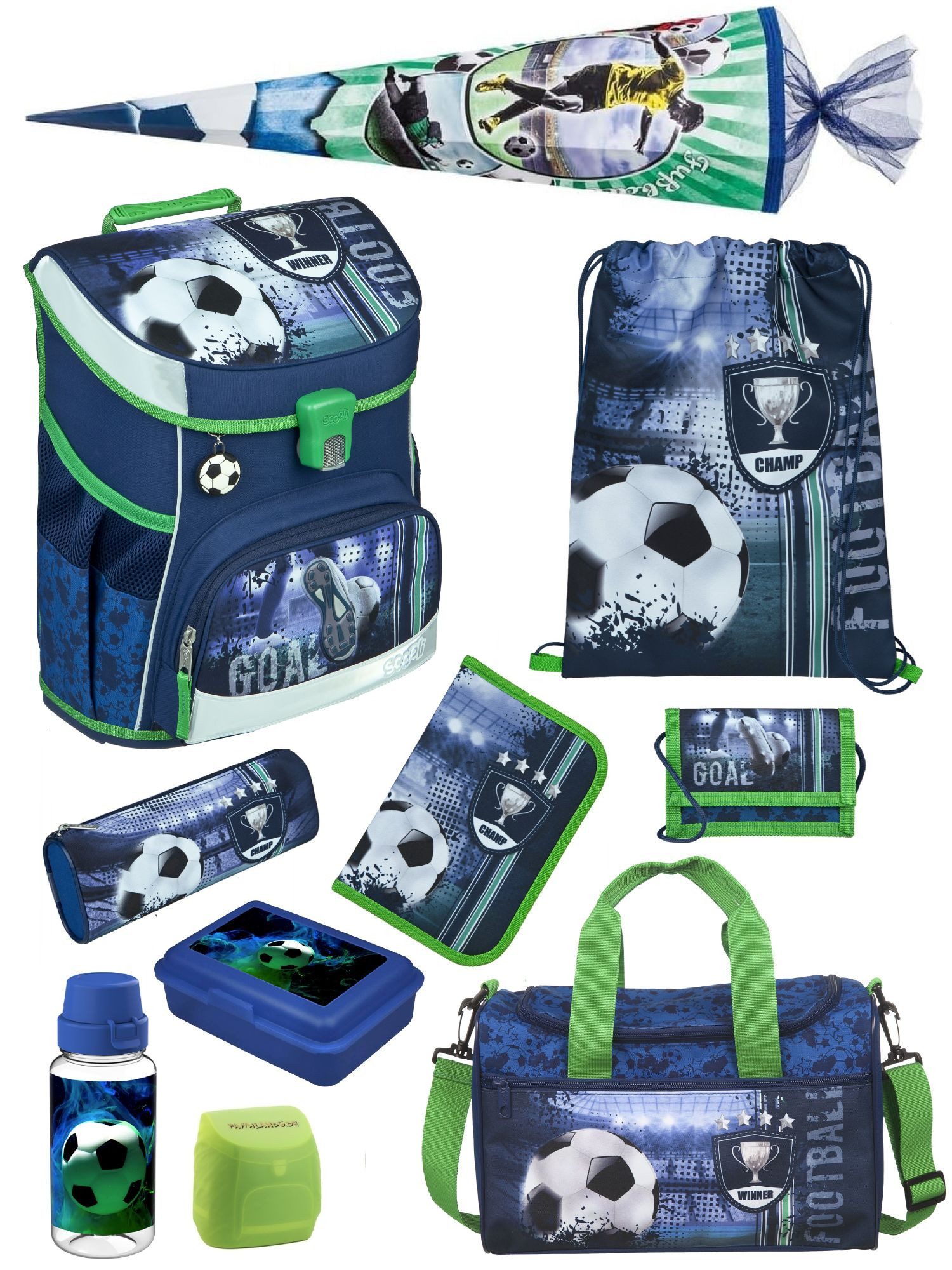 Scooli Schulranzen Campus Fit Fussball Schultasche, Soccer blau, ab 1. Klasse (Komplett-Set, 10-tlg., mit Lunch-Set, Sporttasche und Schultüte 85 cm), mit Brustgurt, 980 Gramm leicht, 18L Volumen