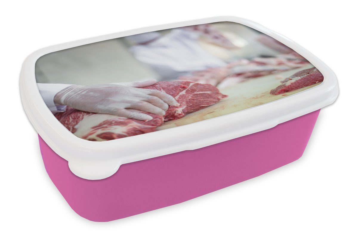 MuchoWow Lunchbox Der Metzger (2-tlg), das schneidet Erwachsene, Brotbox Stücke, Snackbox, Brotdose Fleisch rosa Kinder, Kunststoff, Kunststoff Mädchen, für in