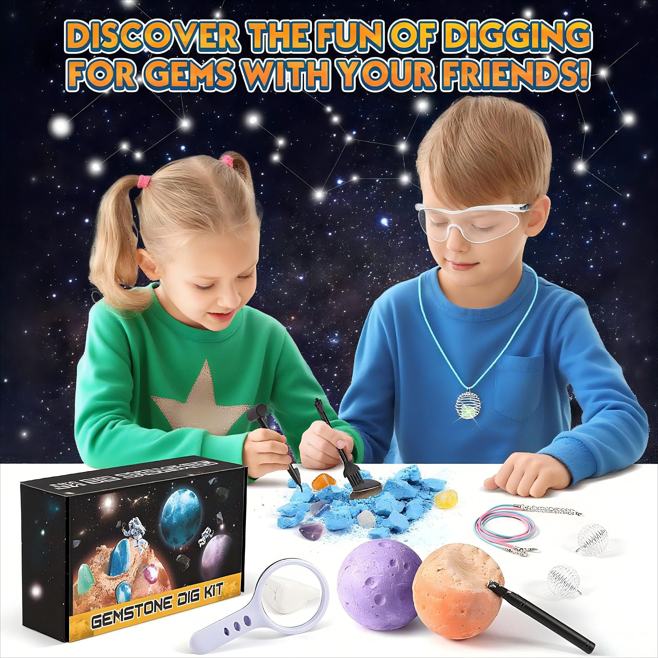 POPOLIC Gemstone Experiment Kit for Children - Excavation Set for Children Ages 6, 7, 8, 9, 10 (1-piece, 15 Natural Gemstones and Crystals, Experiments for Ages 6+), Moon Treasure Hunt Toy, Gift for Boys and Girls