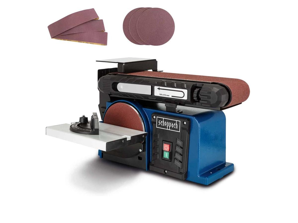 Scheppach Tellerschleifmaschine BTS900, max. 2850 U/min, 7.3 m/min, (Set, inkl. 6tlg. Schleifpapierset), Schwenkbarer Auflagetisch
