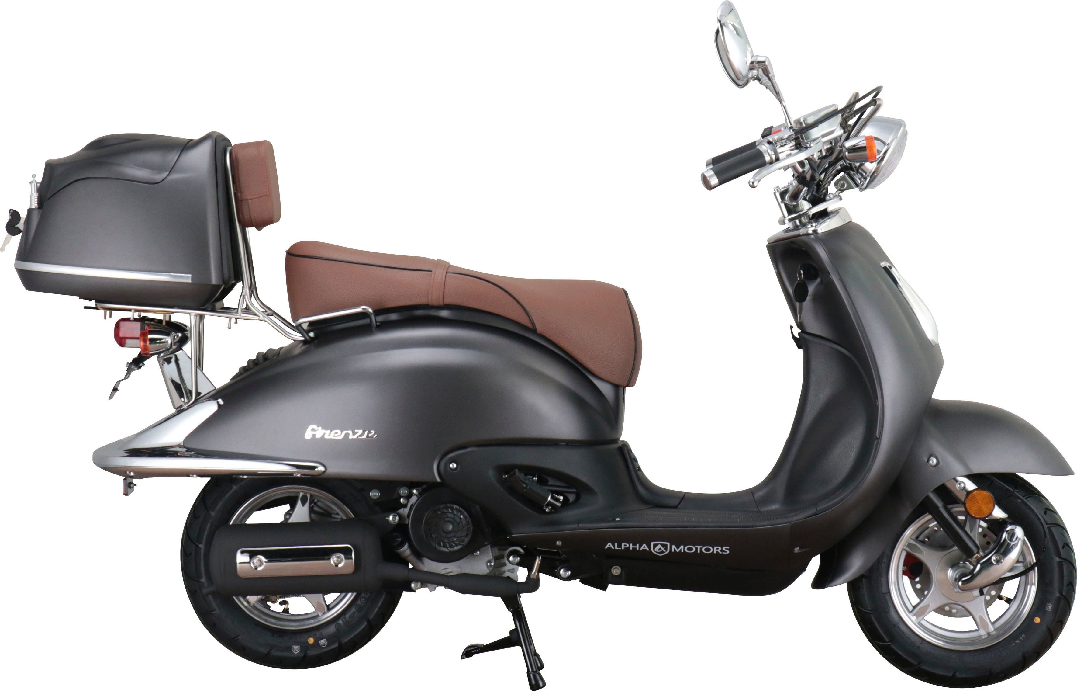 Retro 25 mattschwarz Motors Mofaroller Alpha 5, 50 ccm, km/h, Topcase inkl. | Firenze, Euro braun