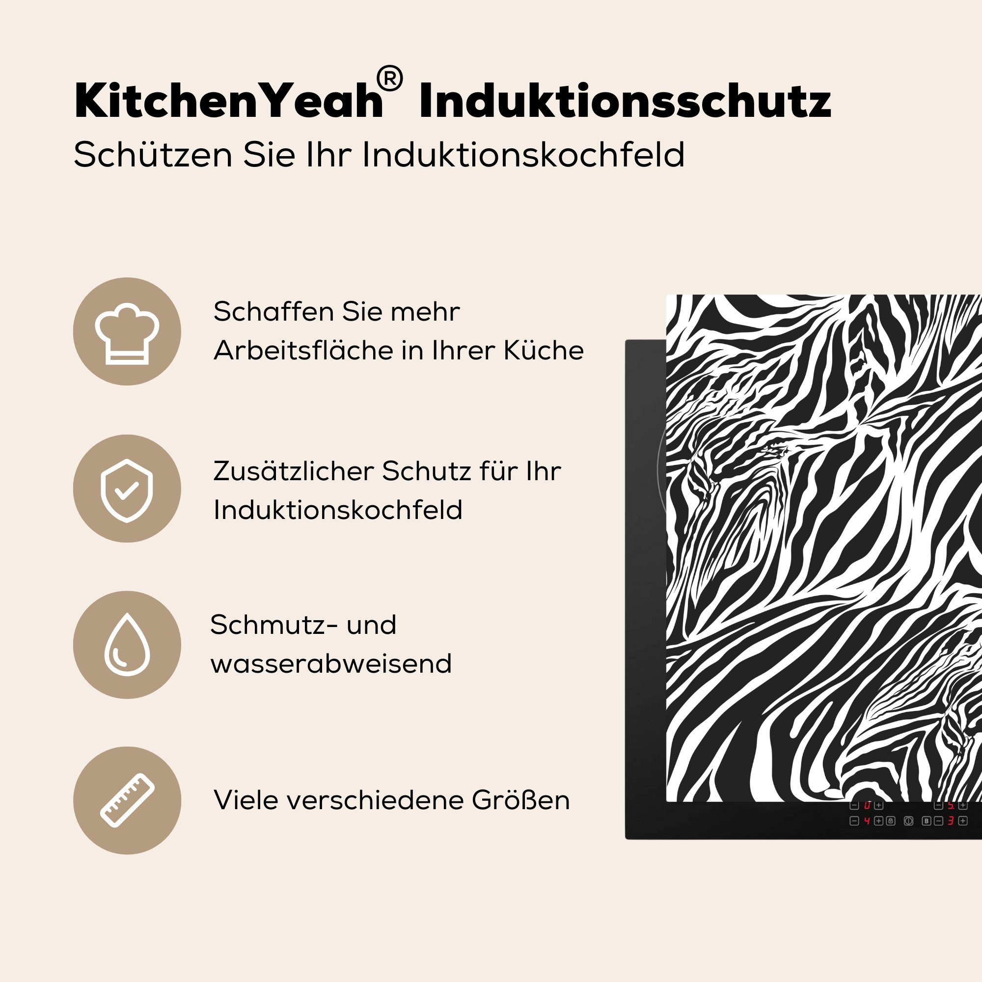 MuchoWow Herdblende-/Abdeckplatte Muster cm, für tlg), küche Arbeitsplatte Ceranfeldabdeckung, Zebramuster Schwarz, Vinyl, 78x78 - - (1