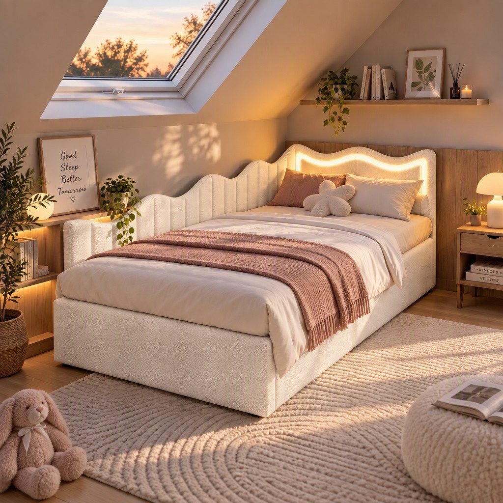 PXloue Polsterbett Daybett Tagesbett (Geeignet für Jungen und Mädchen), Stauraumbett mit LED-Beleuchtung, Teddysamt, 90x200 cm