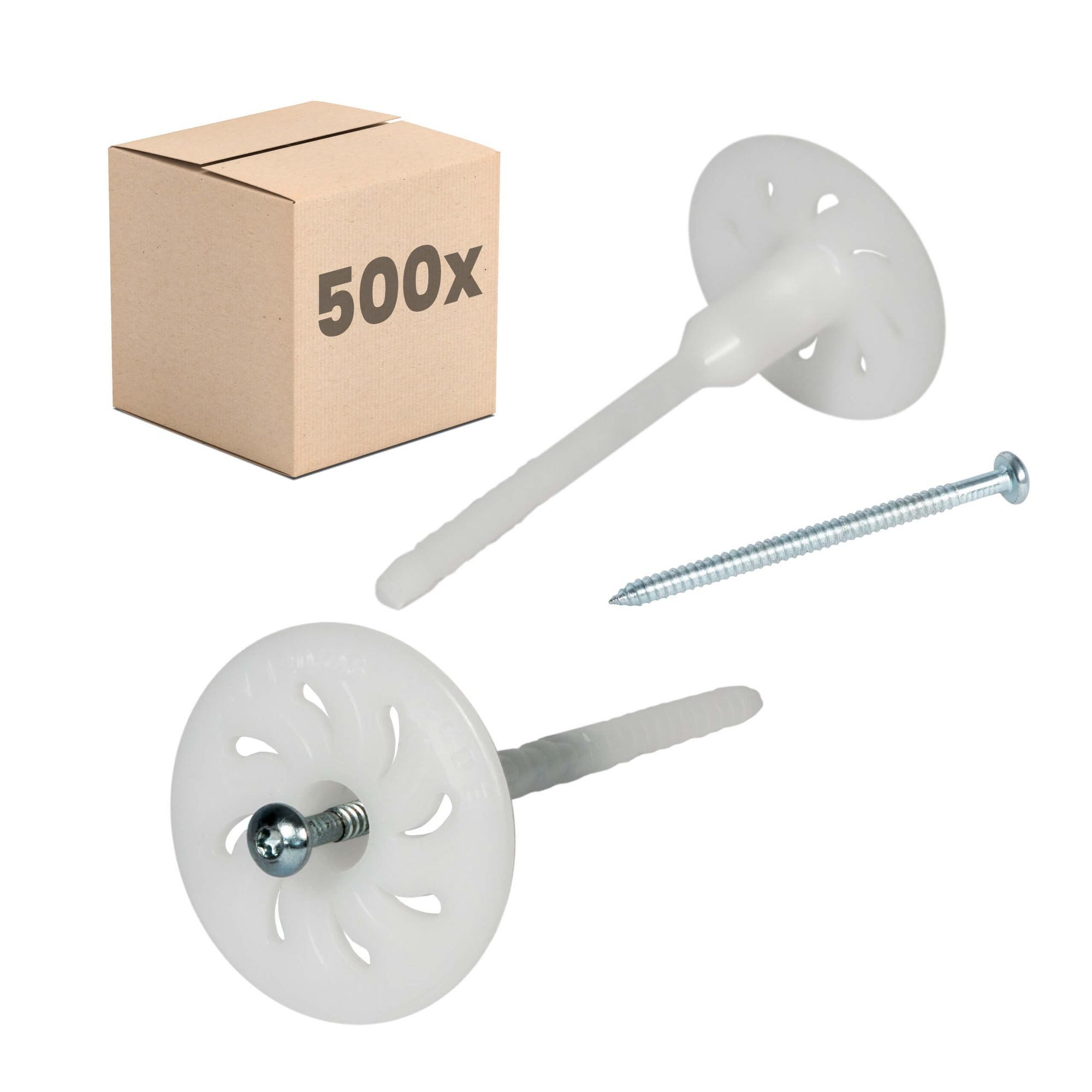 PROTEKTOR Schrauben- und Dübel-Set Dämmstoff-Schraubdübel Ø8mm mit verzinkter Stahlschraube, vormontiert, (500x Dämmstoff-Schraubdübel Ø8x140mm, 500 St., WDVS Dübel für Fassadendämmung)