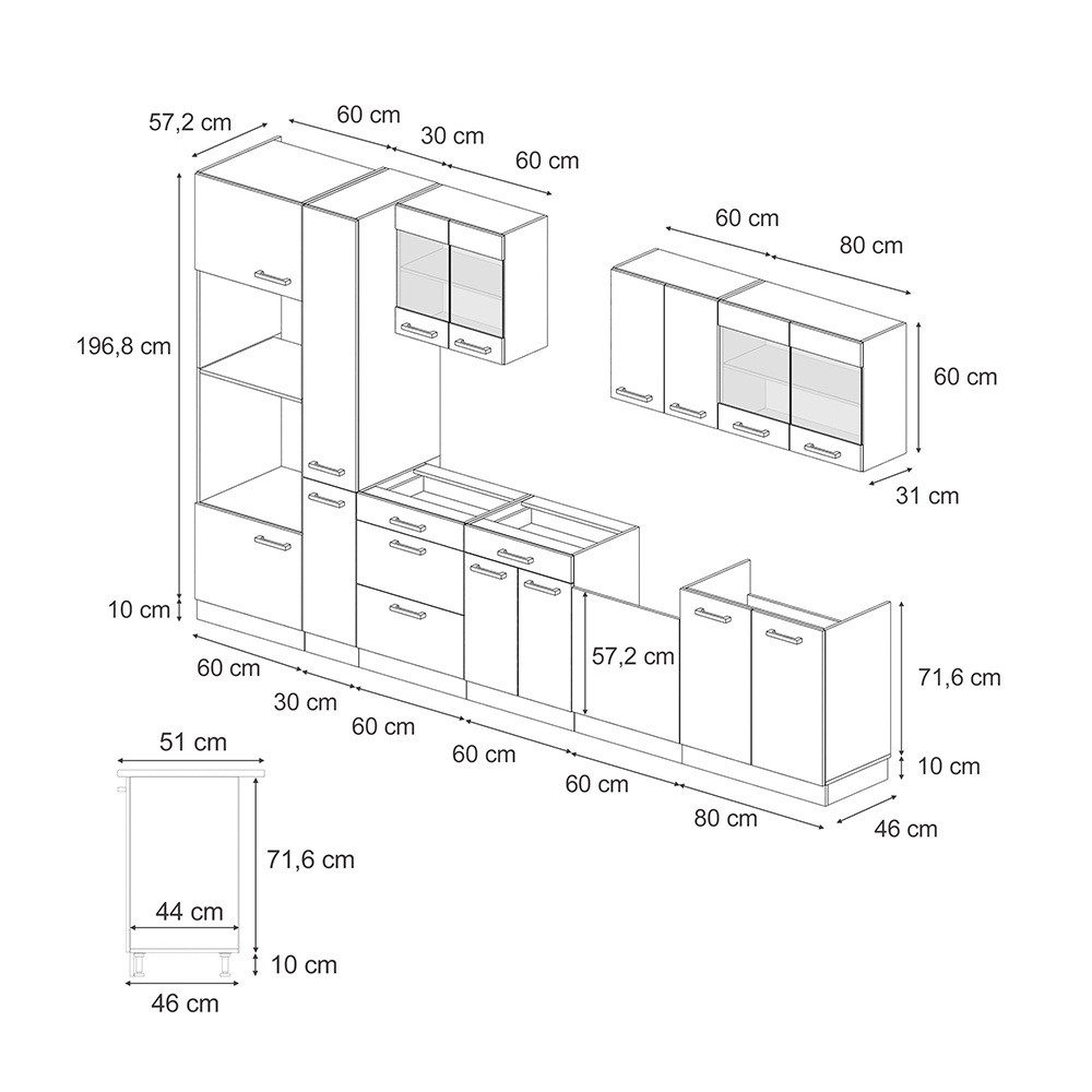 Vicco Küchenzeile R-Line, Anthrazit Hochglanz/Anthrazit, 350 cm, AP Eiche