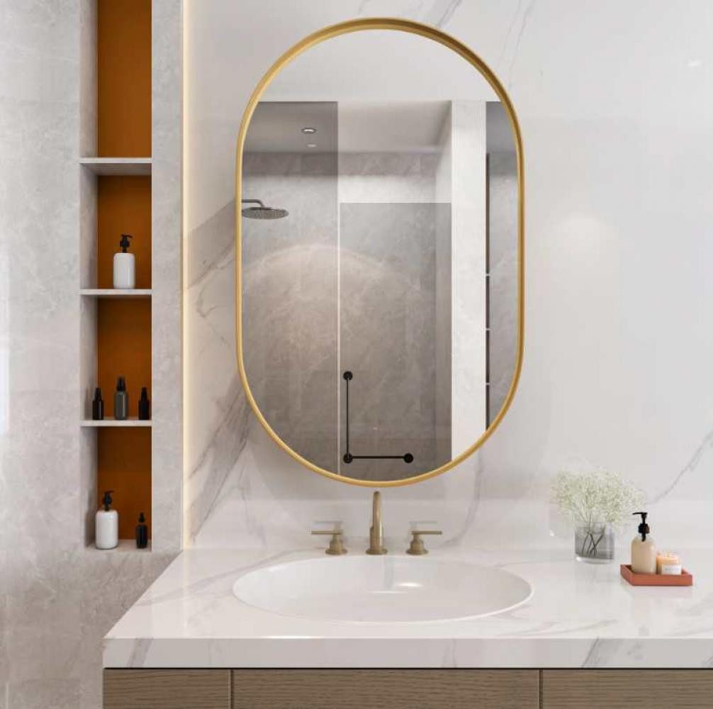 Aiorber Badezimmerspiegelschrank Aiorber-Ovale Spiegelschrank Goldrahmen, Badezimmer Spiegelschrank Wandmontiert, oval, goldener …