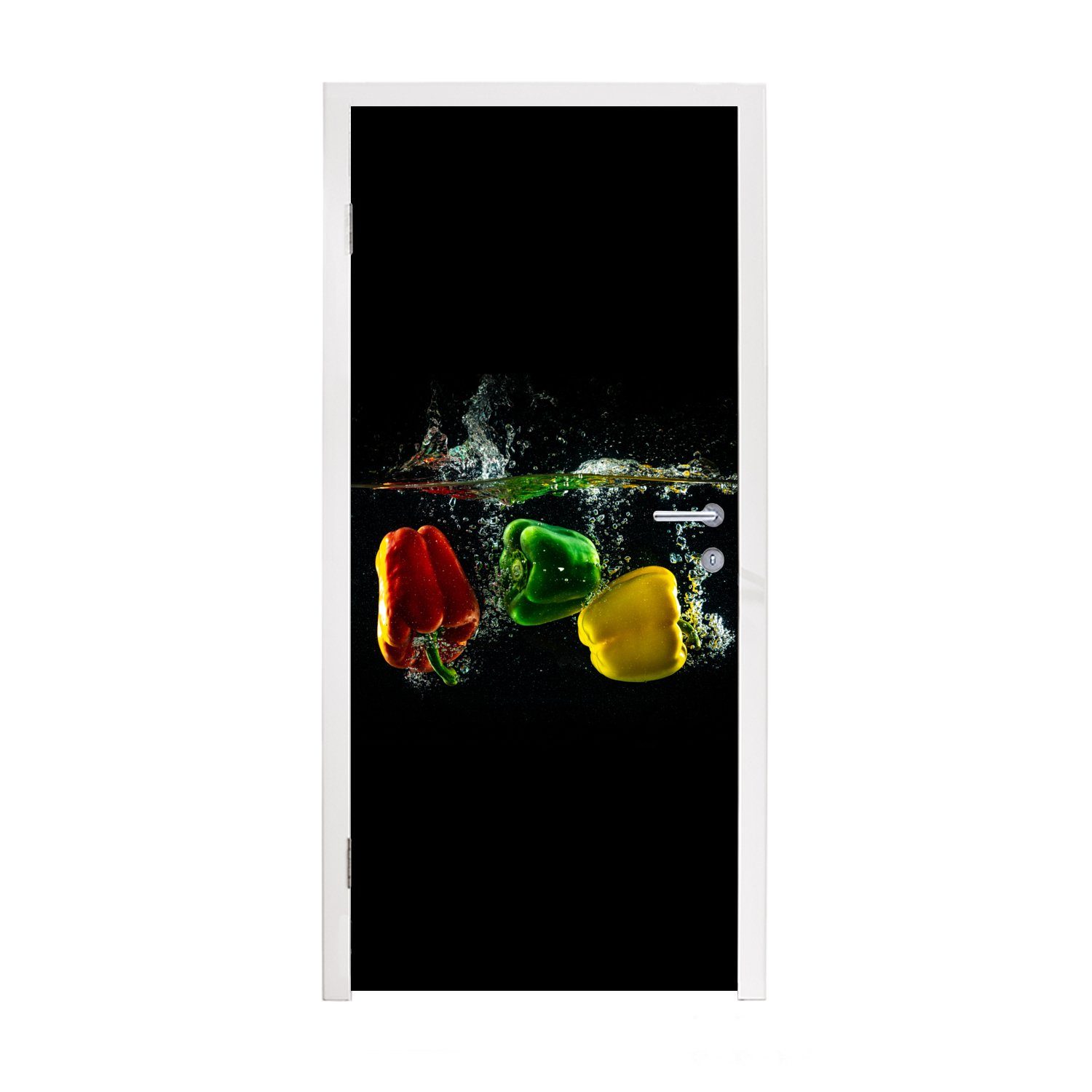 MuchoWow Türtapete Paprika - Gemüse - Wasser - Schwarz - Rot - Grün - Gelb, Matt, bedruckt, (1 St), Fototapete für Tür, Türaufkleber, 75x205 cm