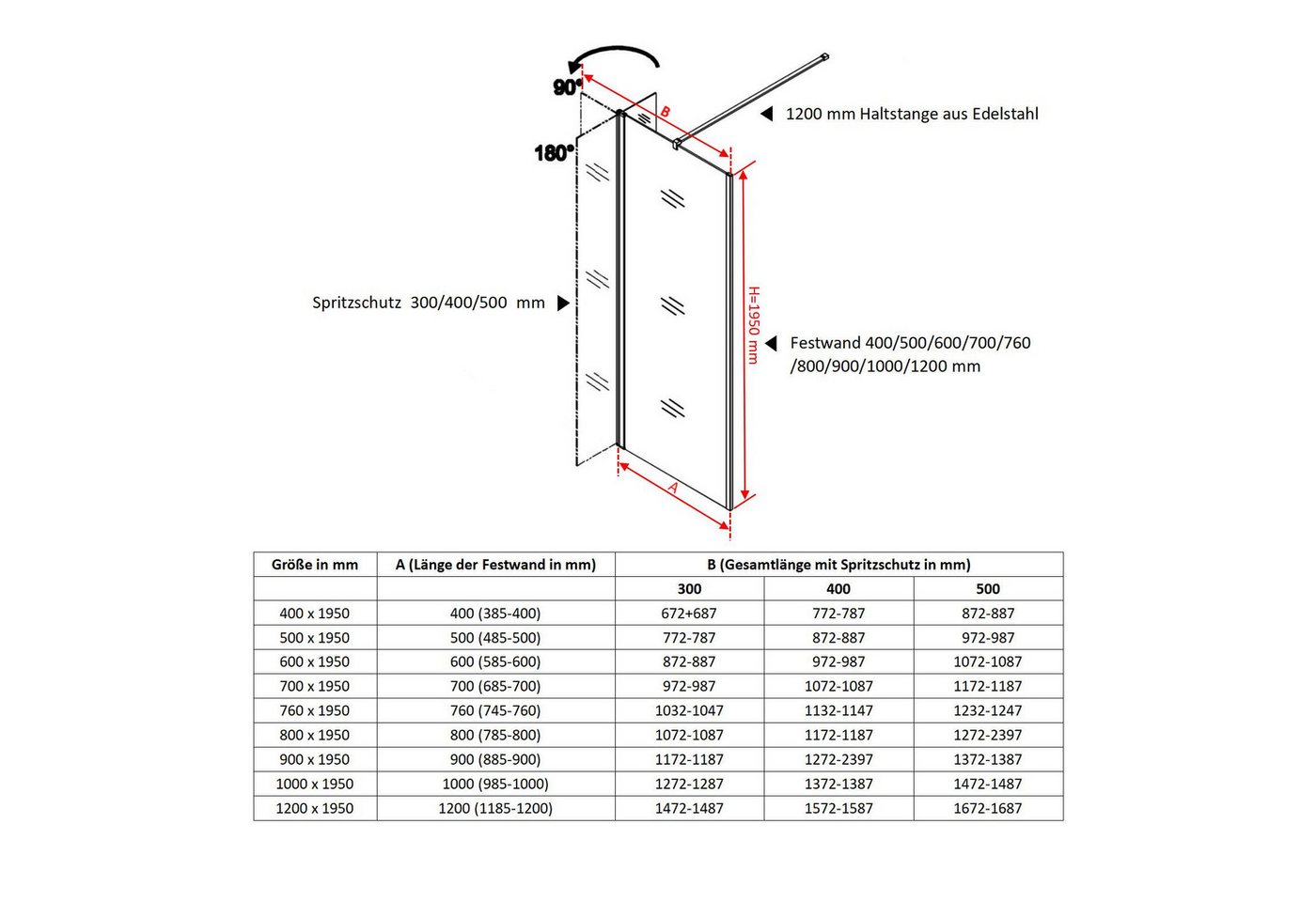Thumbnail - WITEN&NOCK Duschwand Walk in Duschtrennwand Duschabtrennung 8 mm ESG NANO Glas Höhe 195cm