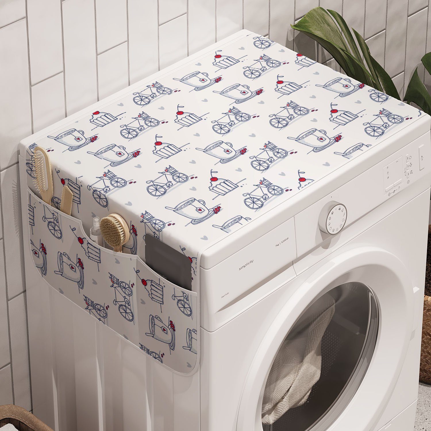 Abakuhaus Badorganizer Anti-Rutsch-Stoffabdeckung für Waschmaschine und Trockner, Skizzieren Retro Fahrrad und Kuchen