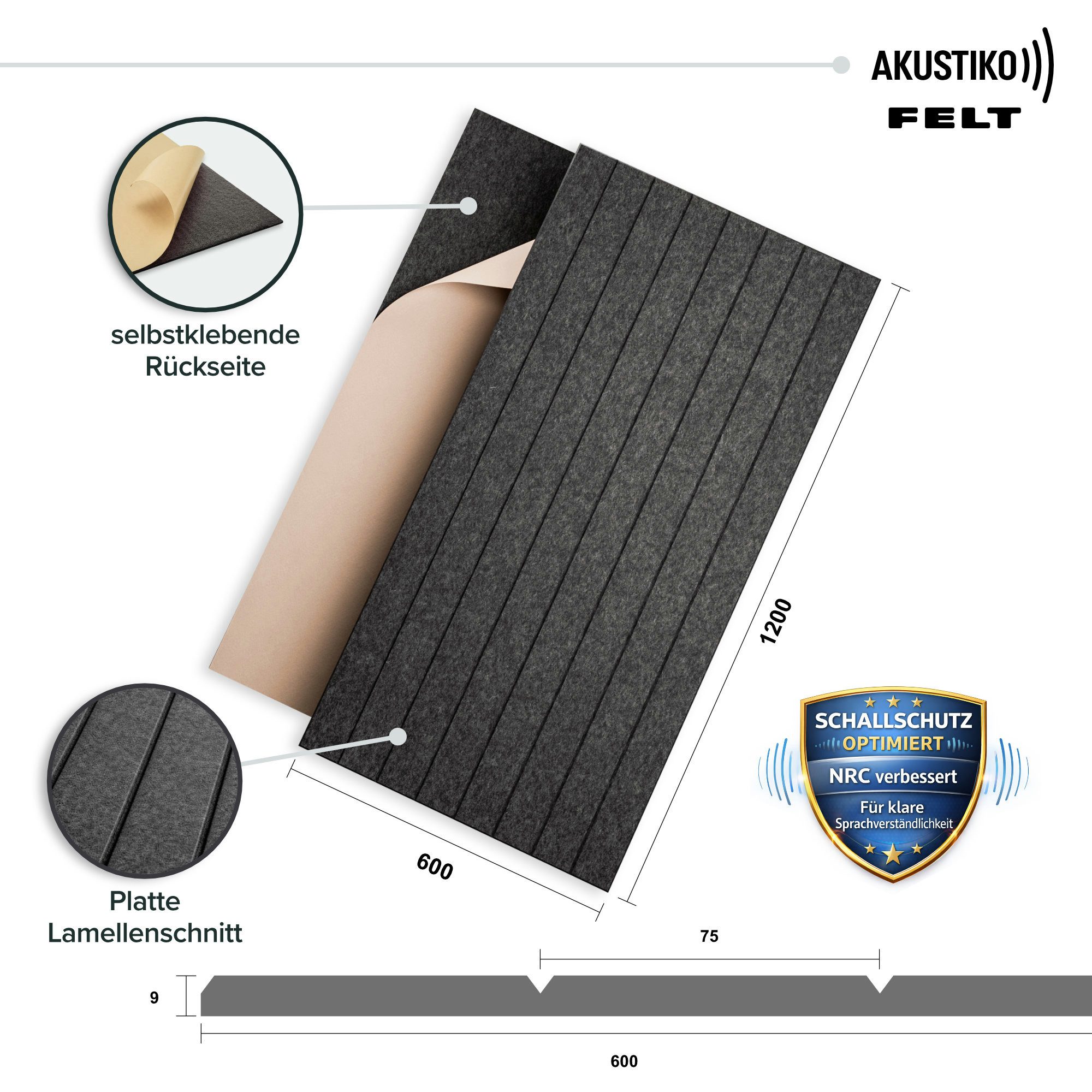 AKUSTIKO Schallschutzpaneel, (Selbstklebend 120x60cm - 8 Stück Graphit Akustik Wandpaneele Schallschutz & Raumakustik Panels Filz 9mm Hexim Decken- & Wandverkleidung Raumverkleidung Design (5.76m)
