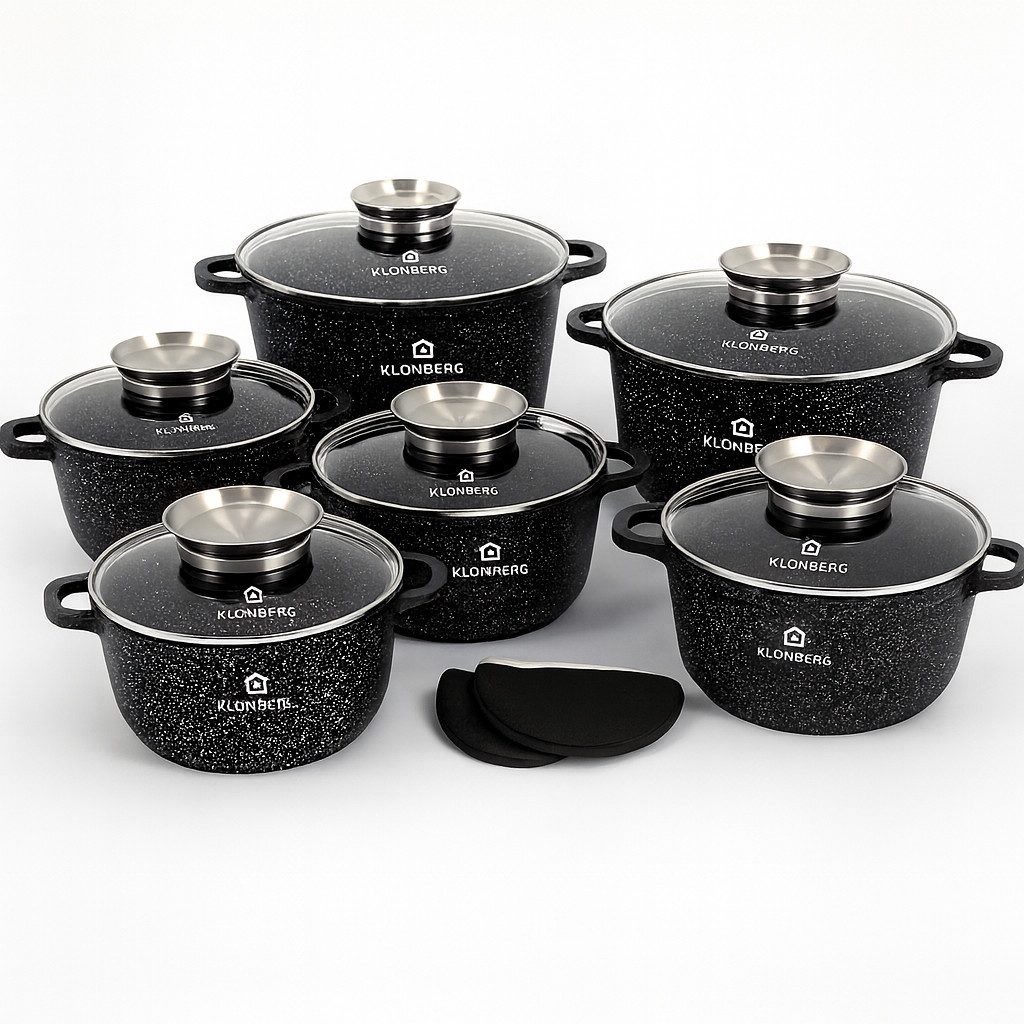 KlönBerg Topf-Set Wunderschöne Töpfe mit Steinbeschichtung in 6 verschiedenen Größen, Aluminiumguss, Aluminium, Keramik, Edelstahl (Passt in jede Küche! (1.3L / 2.3L / 2.3L / 3.2L / 4.5L / 6.8L), 12-tlg., Es ist eine perfekte Geschenkidee für jeden Anlass), Innovative Aroma Knob-Griffe