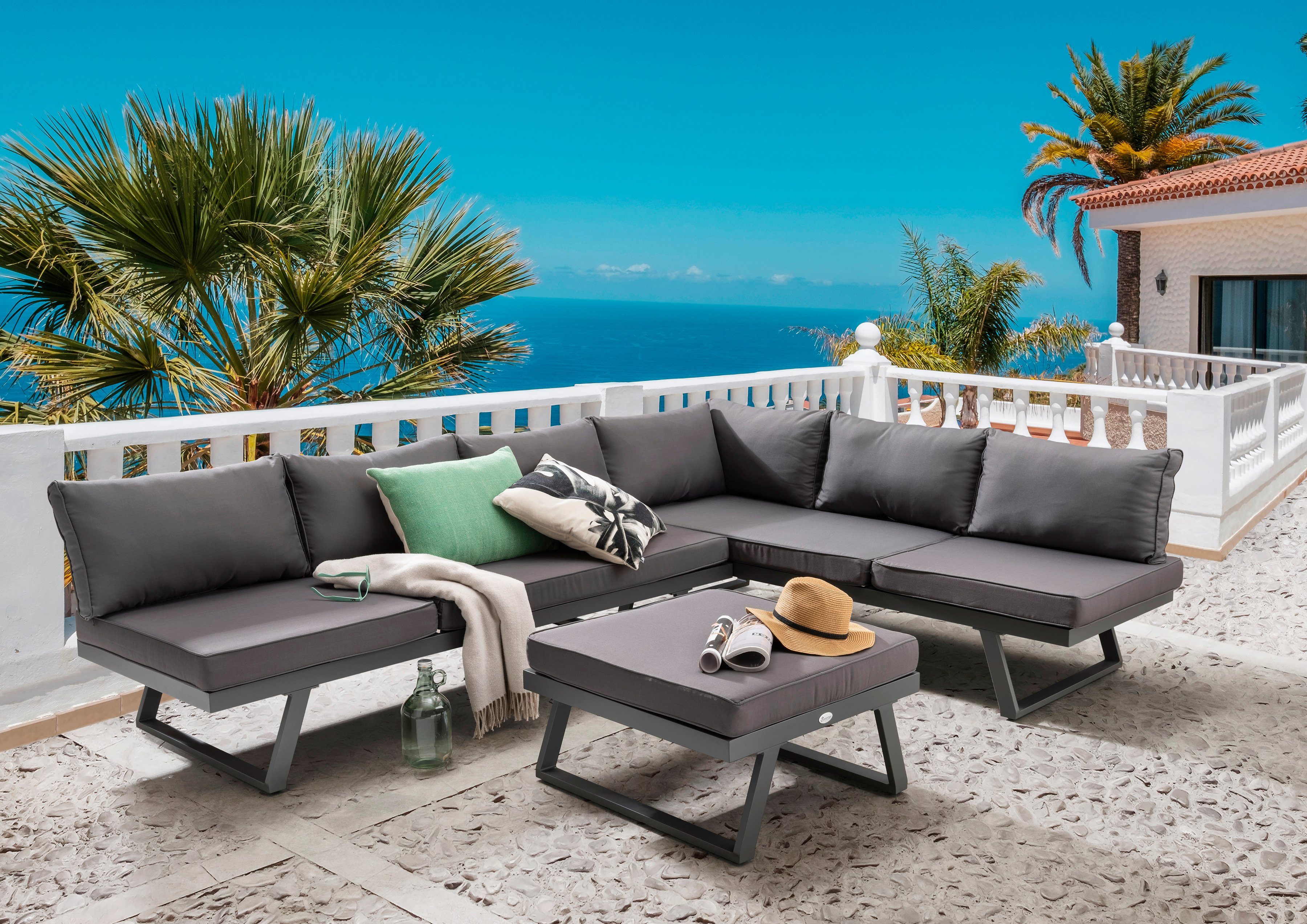 Destiny Gartenlounge-Set 1 13-tlg), inkl. Auflagen 70x70x30 variabel, cm, Tisch Hocker/ (Set, Ecklounge, MANHATTAN