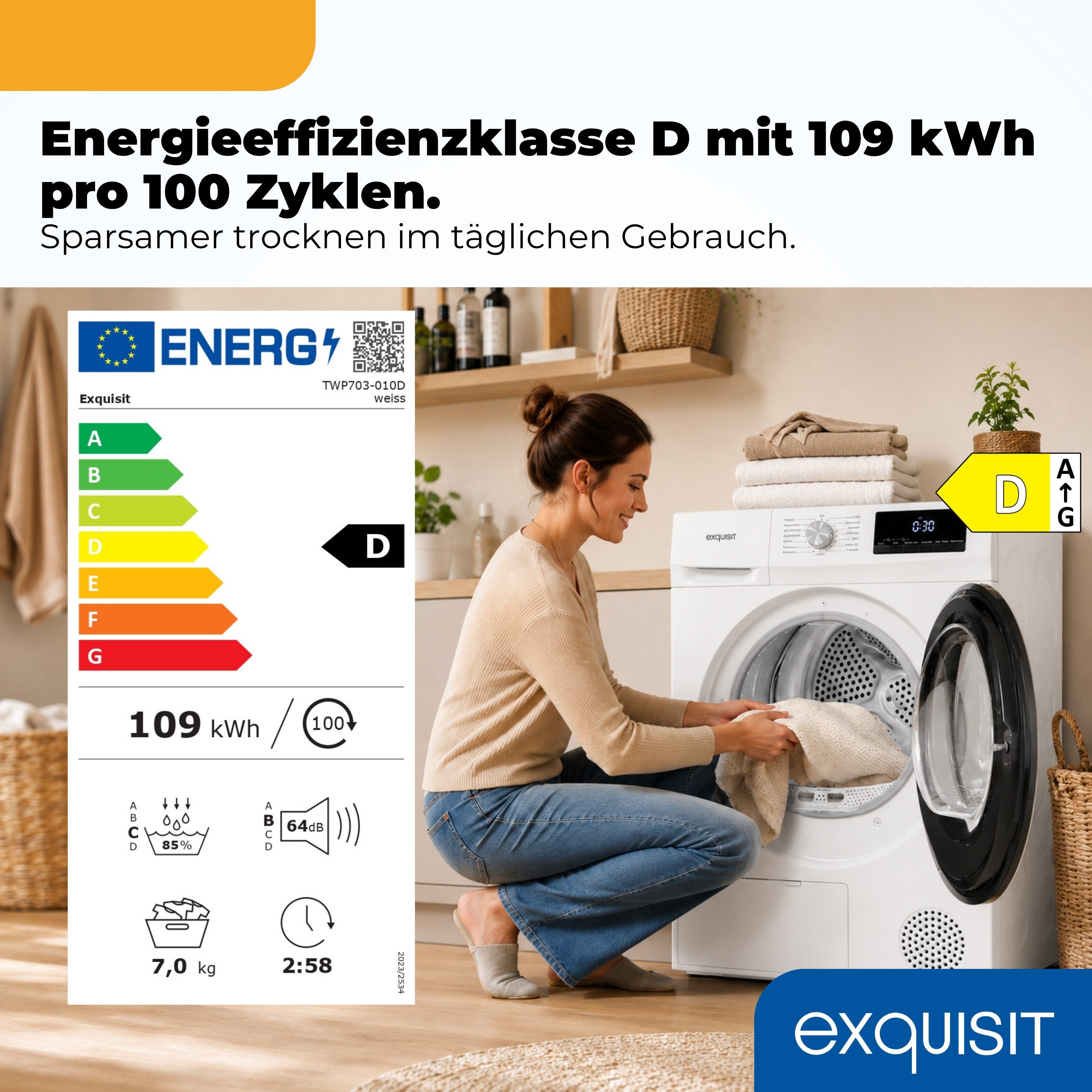 exquisit Wärmepumpentrockner TWP703-010D weiss, Wärmepumpentechnologie für weniger Energieverbrauch, sehr sparsam