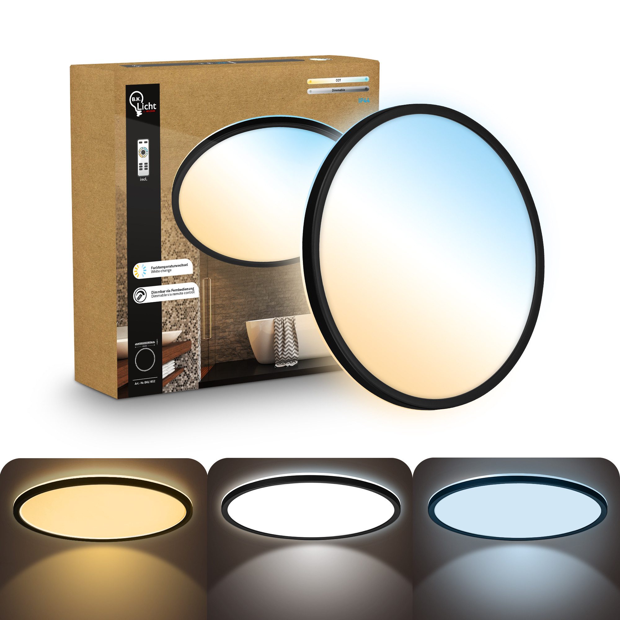 B.K.Licht LED Panel Deckenleuchte Wohnzimmer Flach Fernbedienung CCT Dimmbar IP44, LED fest integriert, CCT-Farbtemperatursteuerung, Badlampe, Badezimmer, Küche, Wohnzimmer