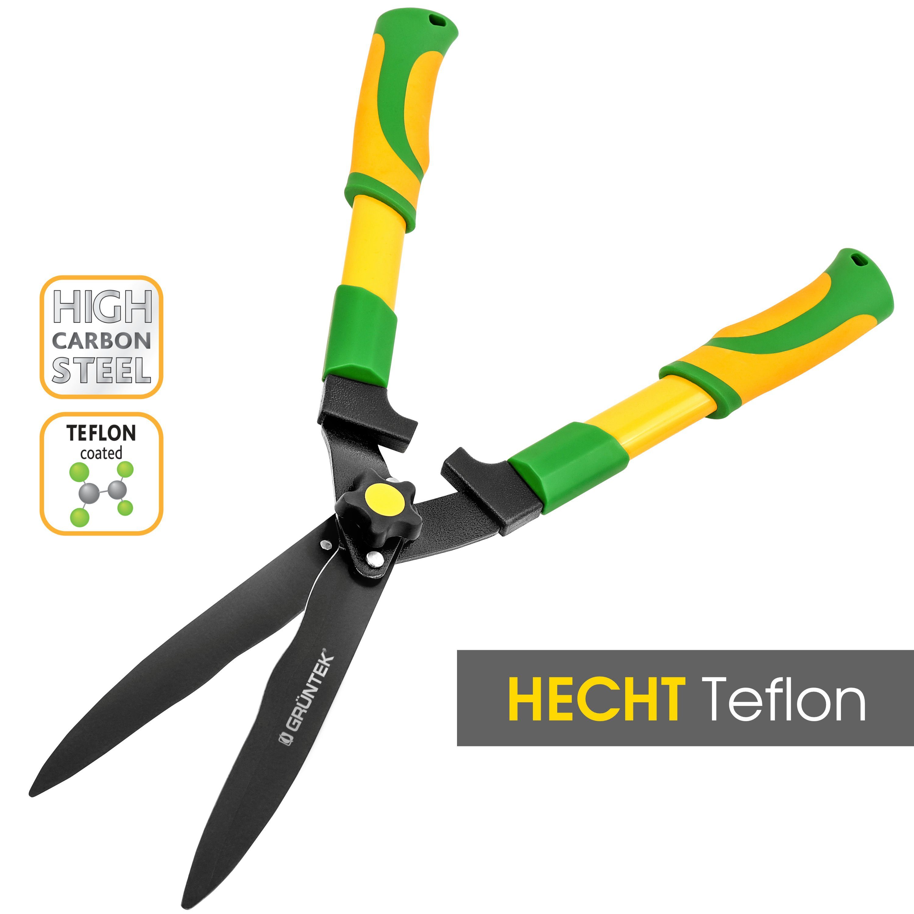 GRÜNTEK Heckenschere HECHT 560mm, Wellenschliff, Teflonbeschichtung, Ergo-Griffe, kraftsparender Schnitt von Hecken, Büschen, Sträuchern und Gräsern