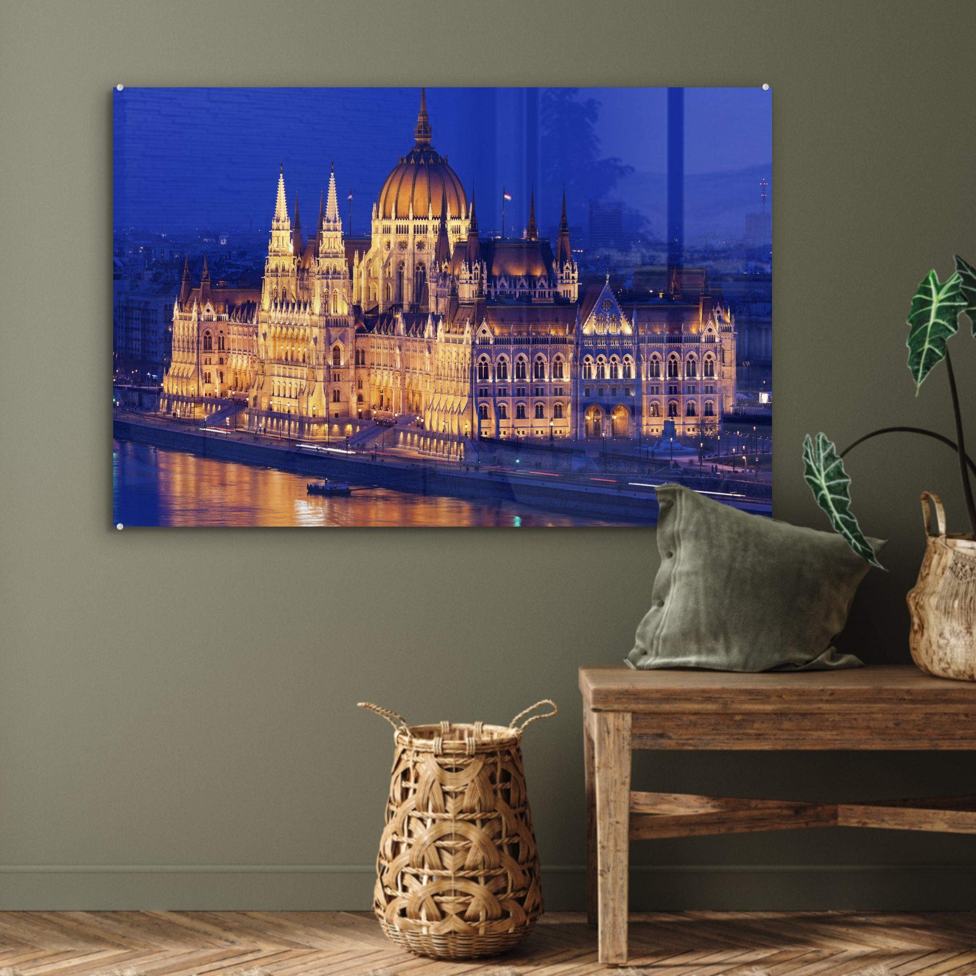 & St), ungarischen Panorama (1 des beleuchteten Parlamentsgebäudes, MuchoWow Wohnzimmer Acrylglasbilder Schlafzimmer Acrylglasbild