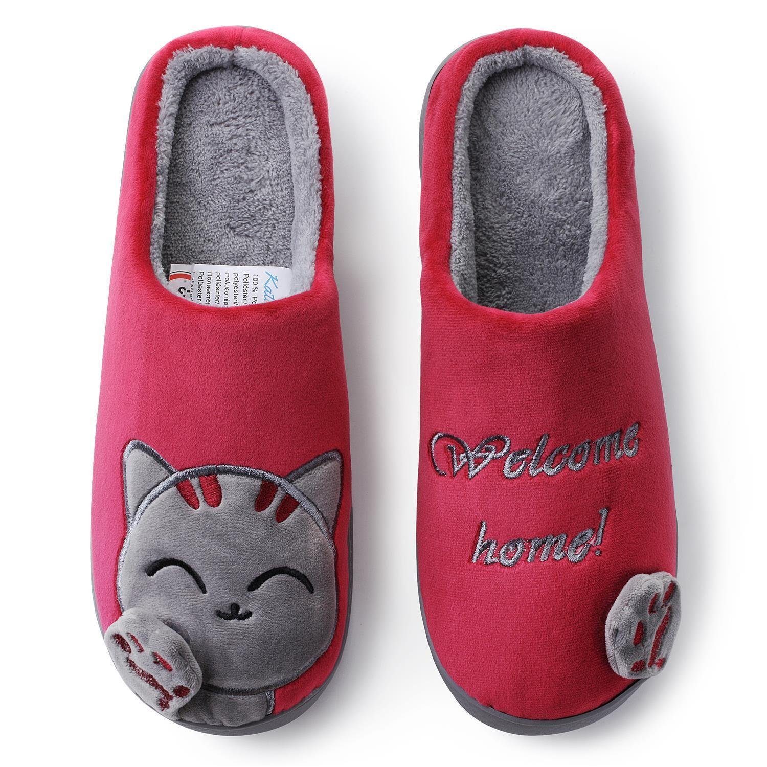 Katara Tier Pantoffeln Gr. 34-41 (Einhorn, Katze, Hase) Plüsch Hausschuhe Hausschuhe, weich, warm, süß, kuschelig, Plüsch Katze (Schwarz-Rot)