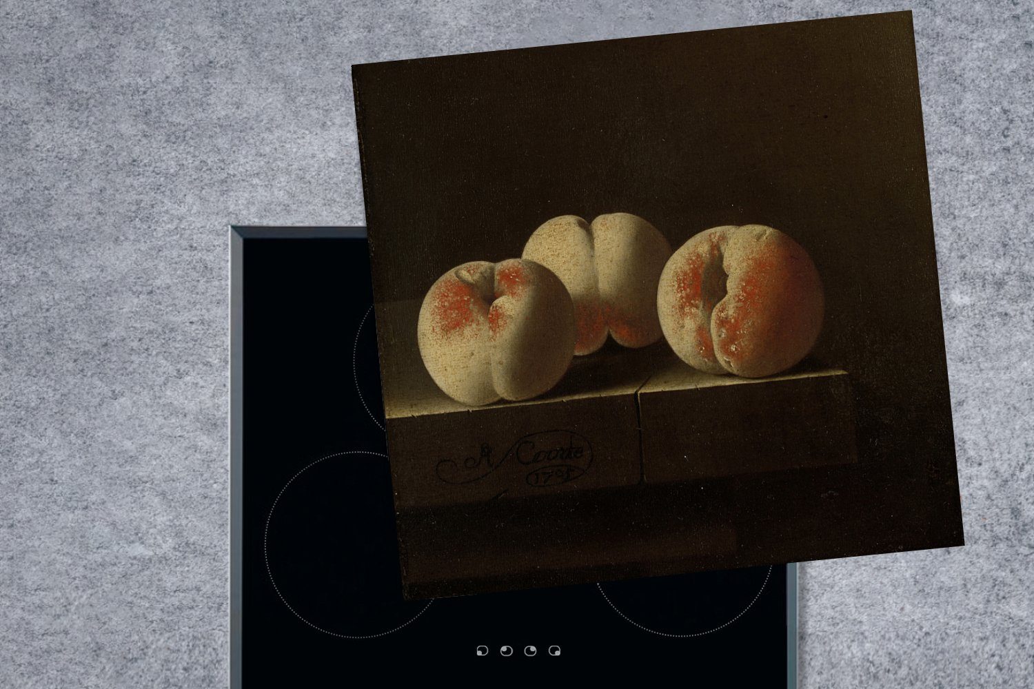 (1 tlg), Vinyl, cm, Gemälde für Pfirsiche MuchoWow von einem auf Arbeitsplatte - Steinsockel im, küche Coorte Herdblende-/Abdeckplatte Drei Adriaen Ceranfeldabdeckung, 78x78