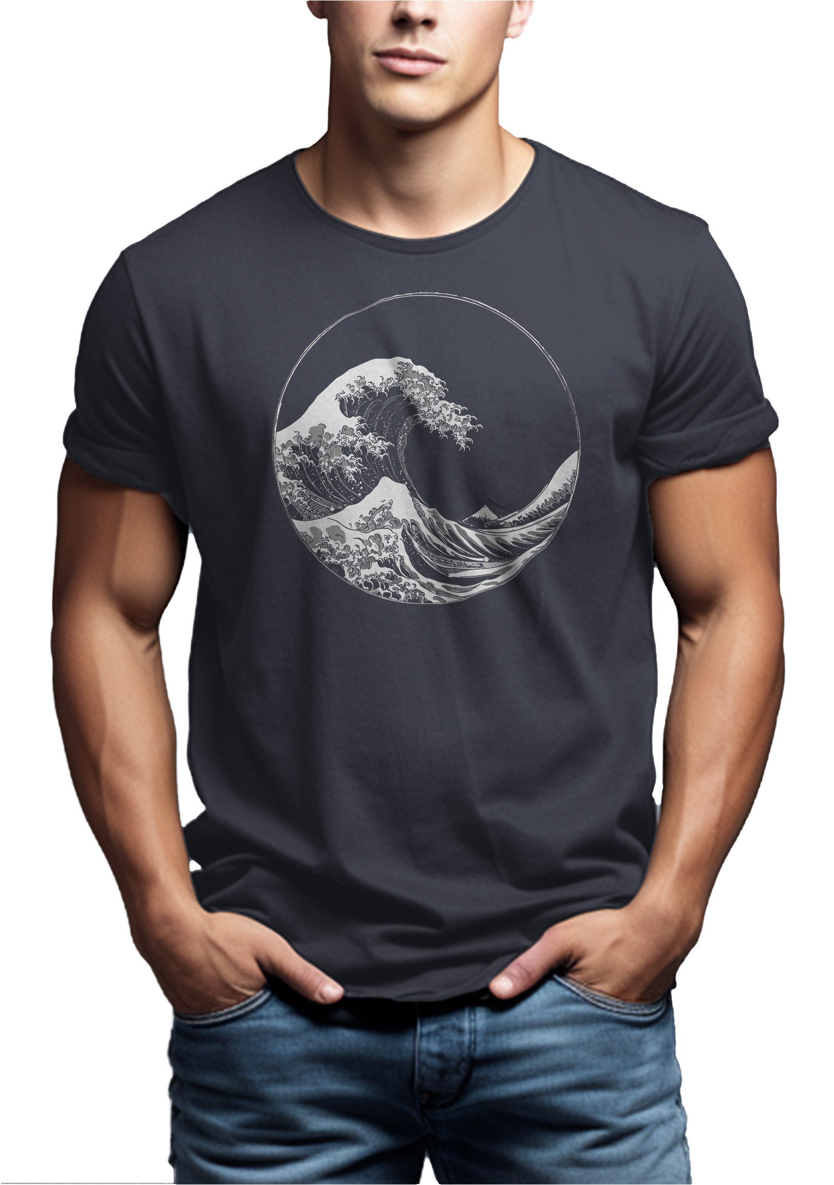 MAKAYA T-Shirt Männershirt mit Wellenmotiv – Cooles Surfdesign für Wassersport (Schwarz, Blau, Grün, Grau, Blaugrau, S, M, L, XL, XXL, XXXL, XXXXL, XXXXXL) Baumwolle