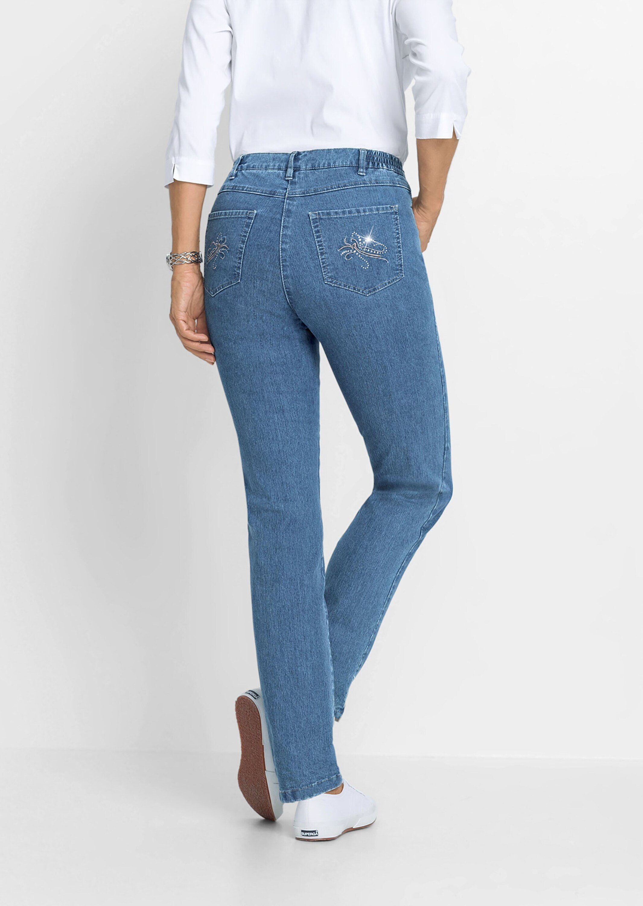 GOLDNER Bequeme Jeans Kurzgröße: Denimhose mit Stretchkomfort Baumwollhose im 5-Pocket-Stil mit elastischem Bund und Knöchellänge